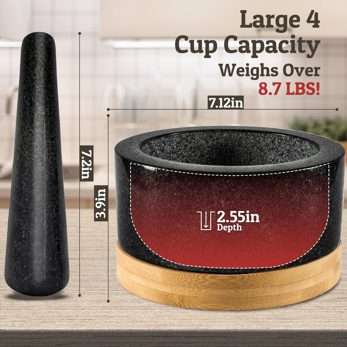 Heavy Duty Mortar and Pestle Set with Bamboo Base, Large 4 Cups, 100% Natural Granite Mortar and Pestle Large Stone Grinder Bowl, Molcajete Bowl, Masher Guacamole Bowls, Polished Black