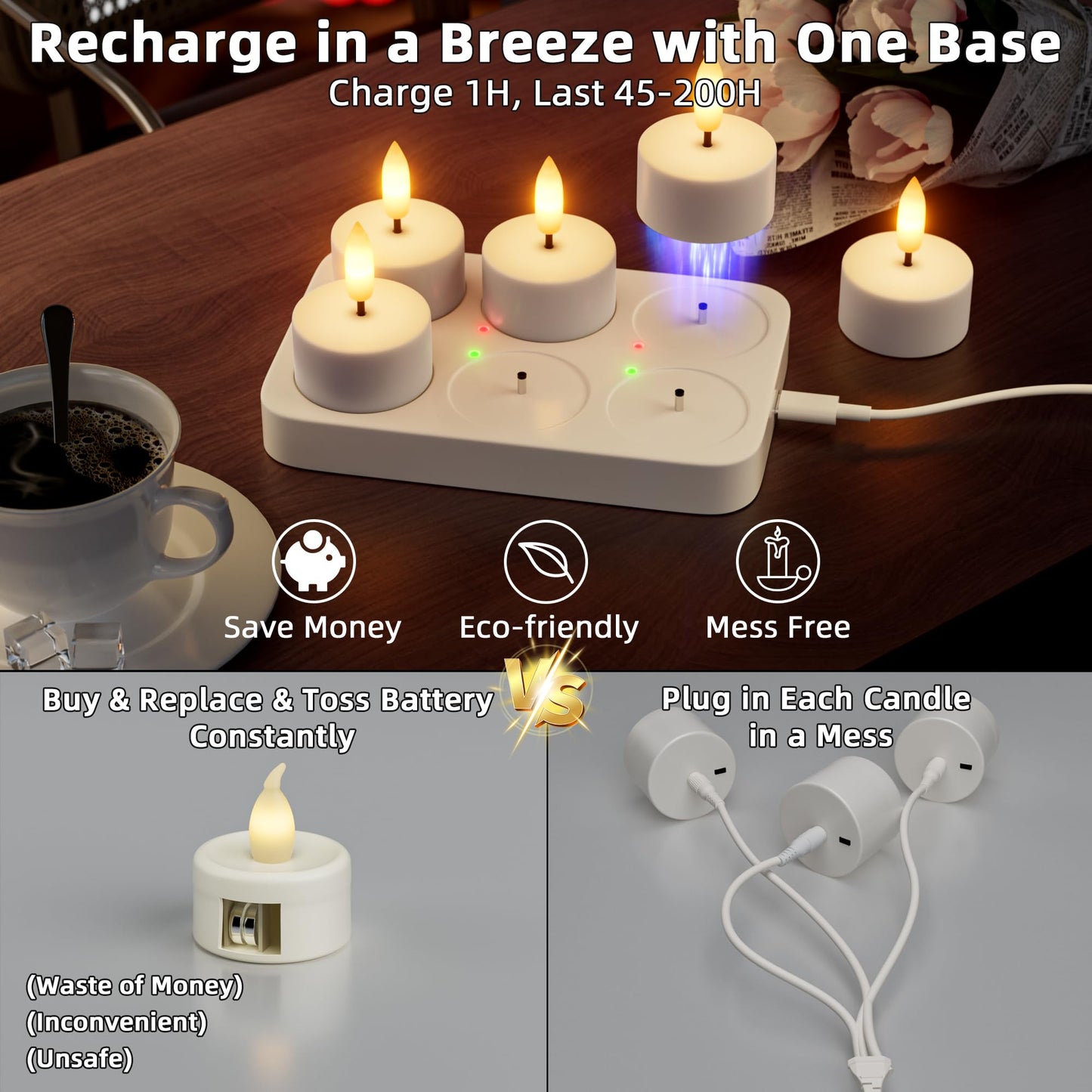 Rechargeable Flameless Tea Lights Candles Battery Operated Remote Control Tea Lights with Timer LED Tealight Candles with Charging Base Votive Candle for Flickering Christmas Halloween Table 6 Pcs