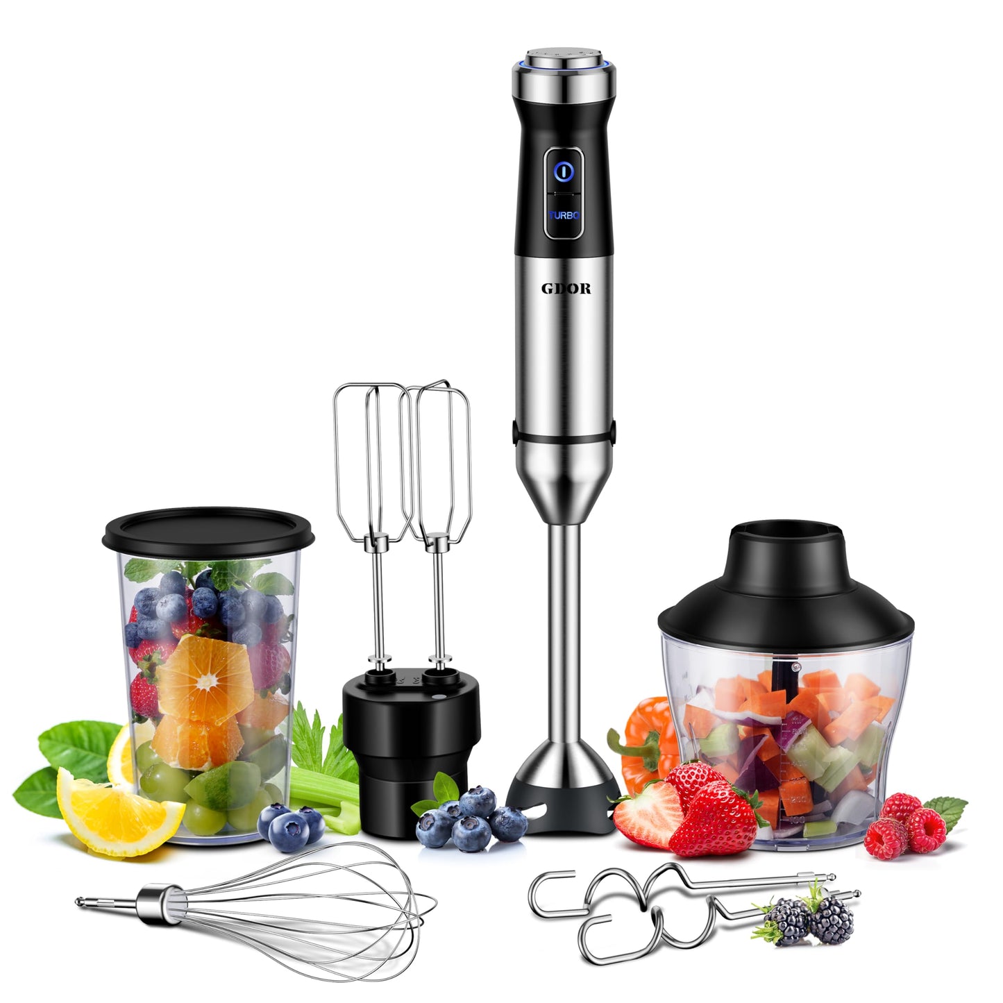 GDOR Hand Blender 1000W, 6-in-1 Immersion Blender Handheld with 20 Speed and Turbo Mode, With Dough Hooks, Egg Beaters, Whisk, 800ml Beaker, 600ml Chopper, BPA Free