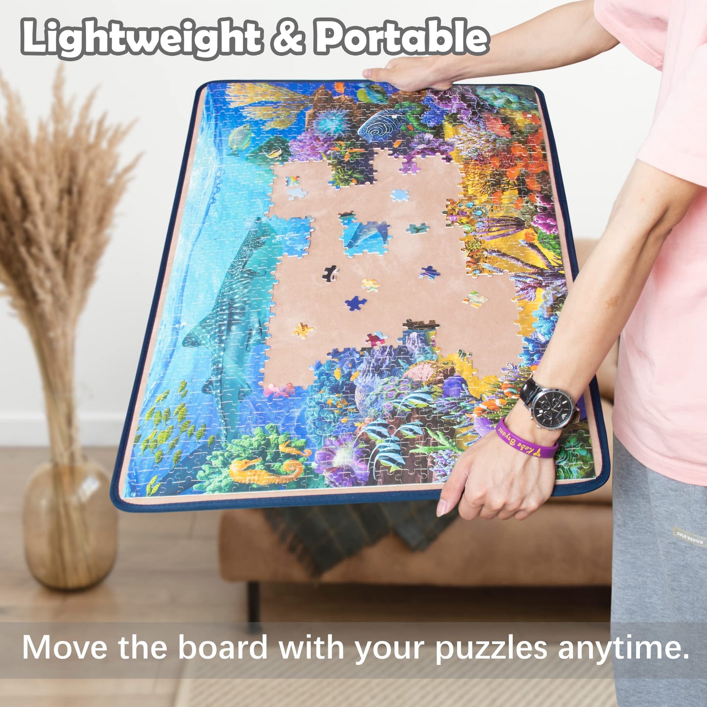 Becko Jigsaw Puzzle Board with 2 Trays Portable Jigsaw Puzzle Mat for Up to 1000 Pieces Puzzle Storage & Saver, Non-Slip Surface, (Blue/Khaki)