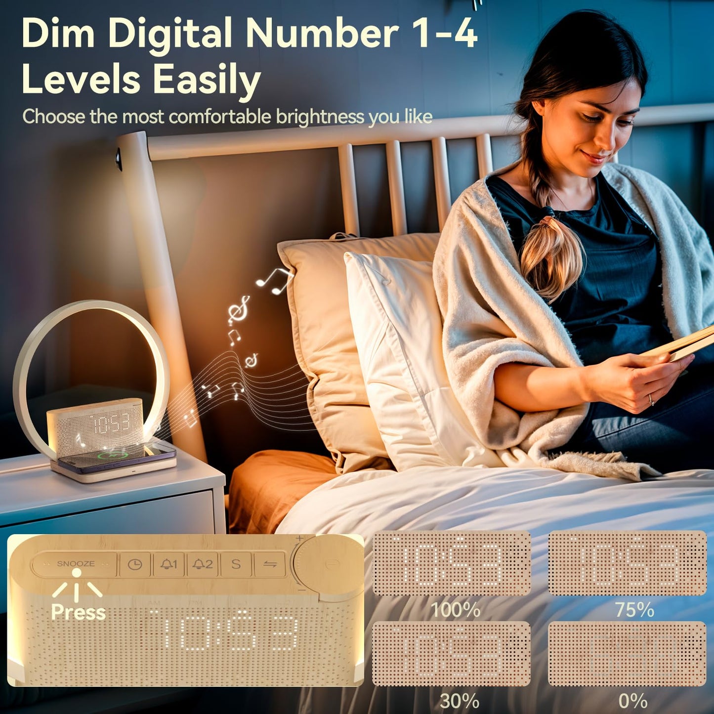 Vivilumens Sunrise Alarm Clocks Wireless Charger, 10 White Noise Sound Machine Alarm Clock with 30/60/90 Mins Timer, 3 Levels Touch Night Light, Dual Clocks for Heavy Sleepers, Ideal Gifts for Her