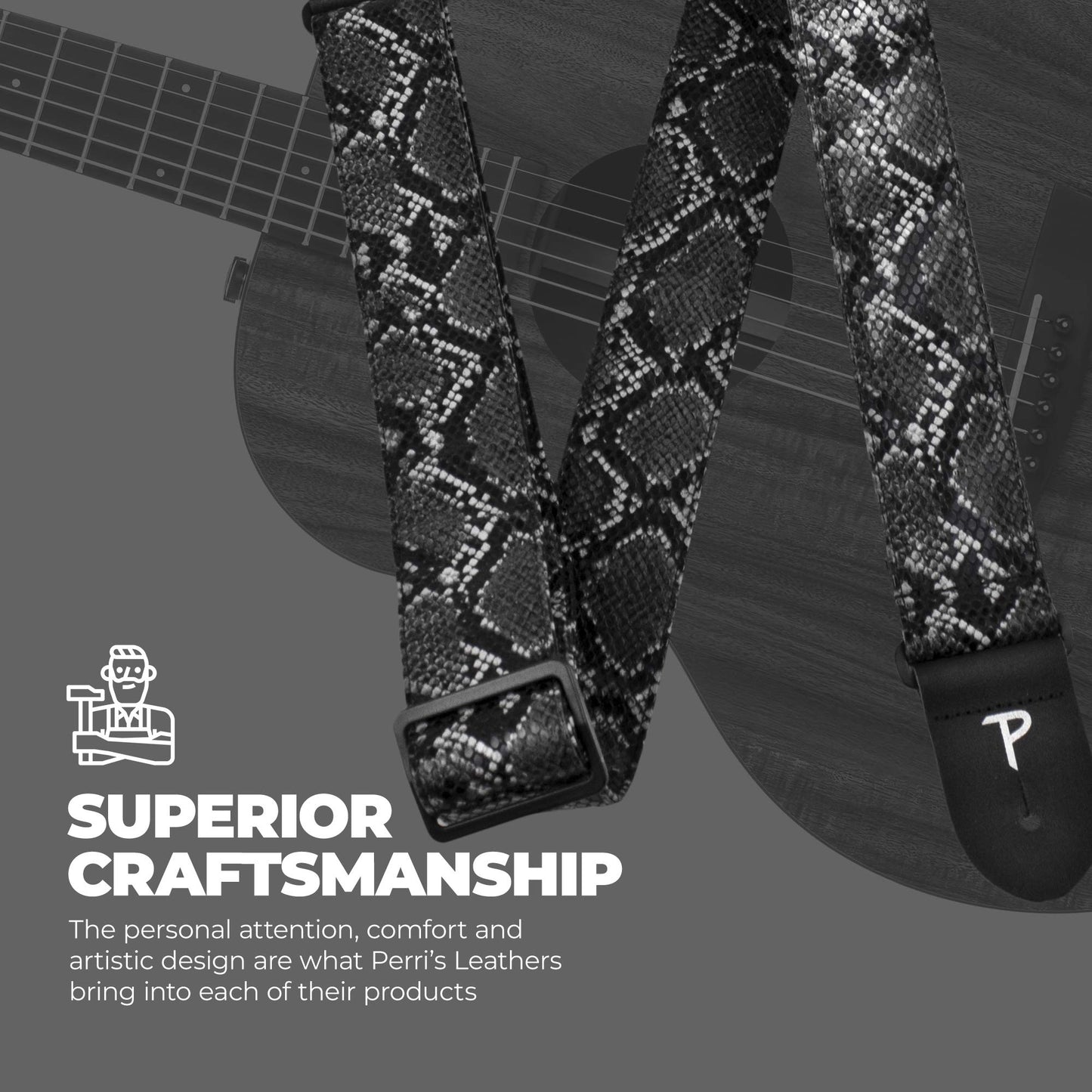 Perri’s Leathers Ltd. - Guitar Strap - Faux Snakeskin - Black - Adjustable - For Acoustic/Bass/Electric Guitars - Made in Canada (VGS-7555)