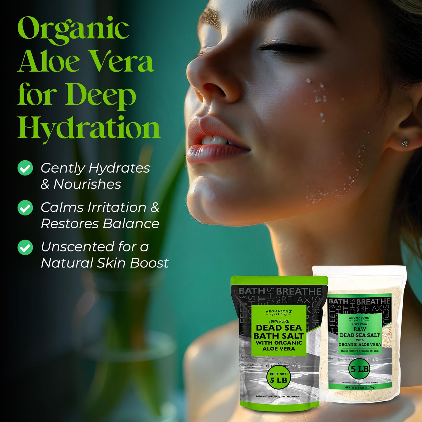 Aromasong Dead Sea Salt with Organic Aloe Vera, 5 Lbs Fine Grain Large Bulk resealable Pack, 100% Pure & Natural, Used for Body wash Scrub, Soak for Women & Men for Tired Muscles & Skin Issues.