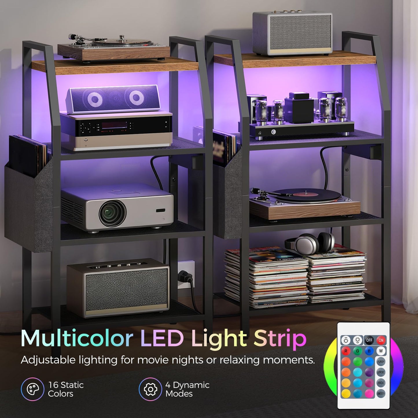 MAHANCRIS 4 Tier AV Media Stand with Power Outlet, LED Stereo Racks with Storage Bag, for Living Room & Studio, Record Player Stand, Speaker, Rustic Brown MSHR01E01