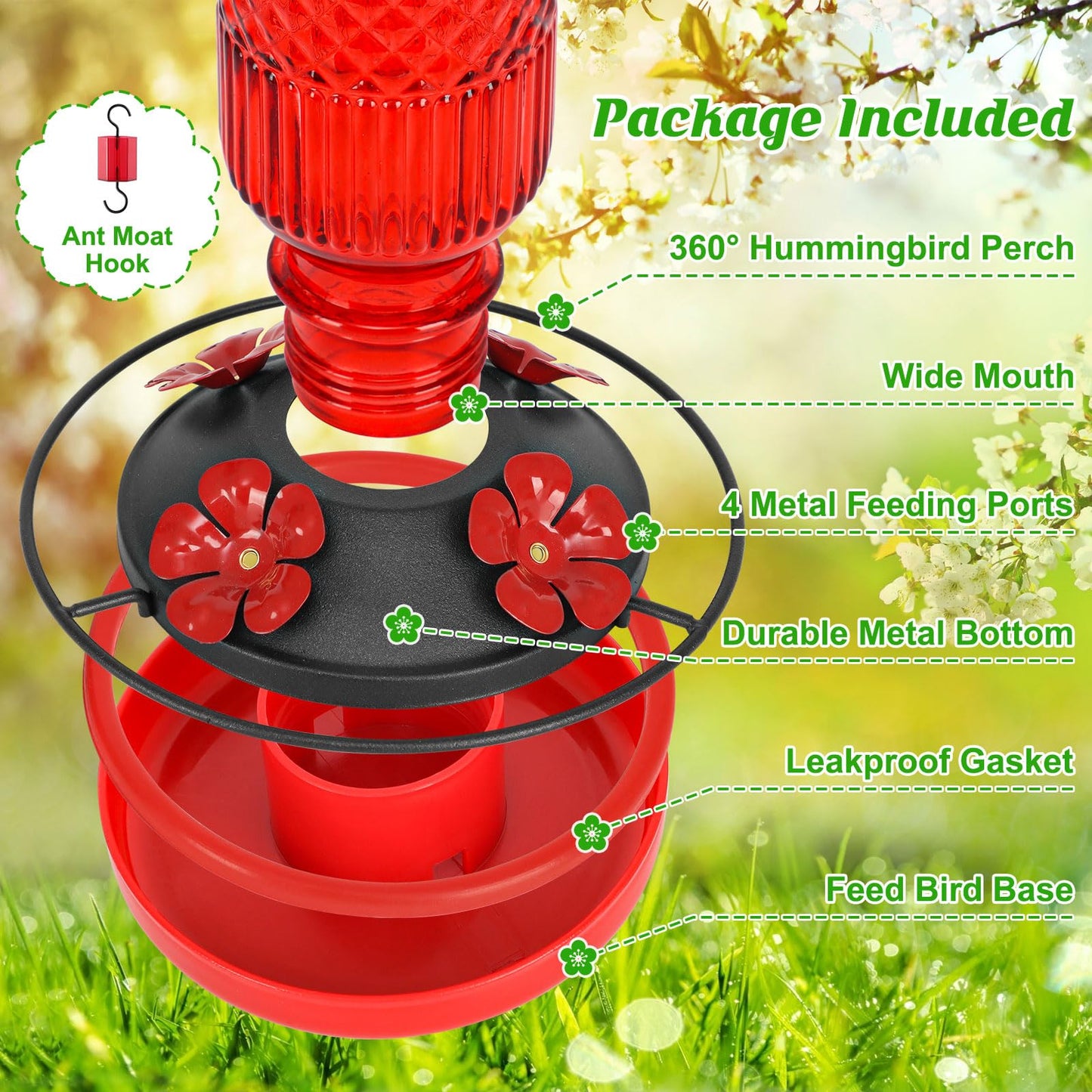FEED GARDEN Glass Hummingbird Feeder for Outdoors Hanging, 16 OZ Humming Bird Feeders with 4 Bee Guard Feeding Ports & Built-in Ant Moat, Hummingbird Gifts for Mom Bird Feeder for Outside, Red,2 Pack