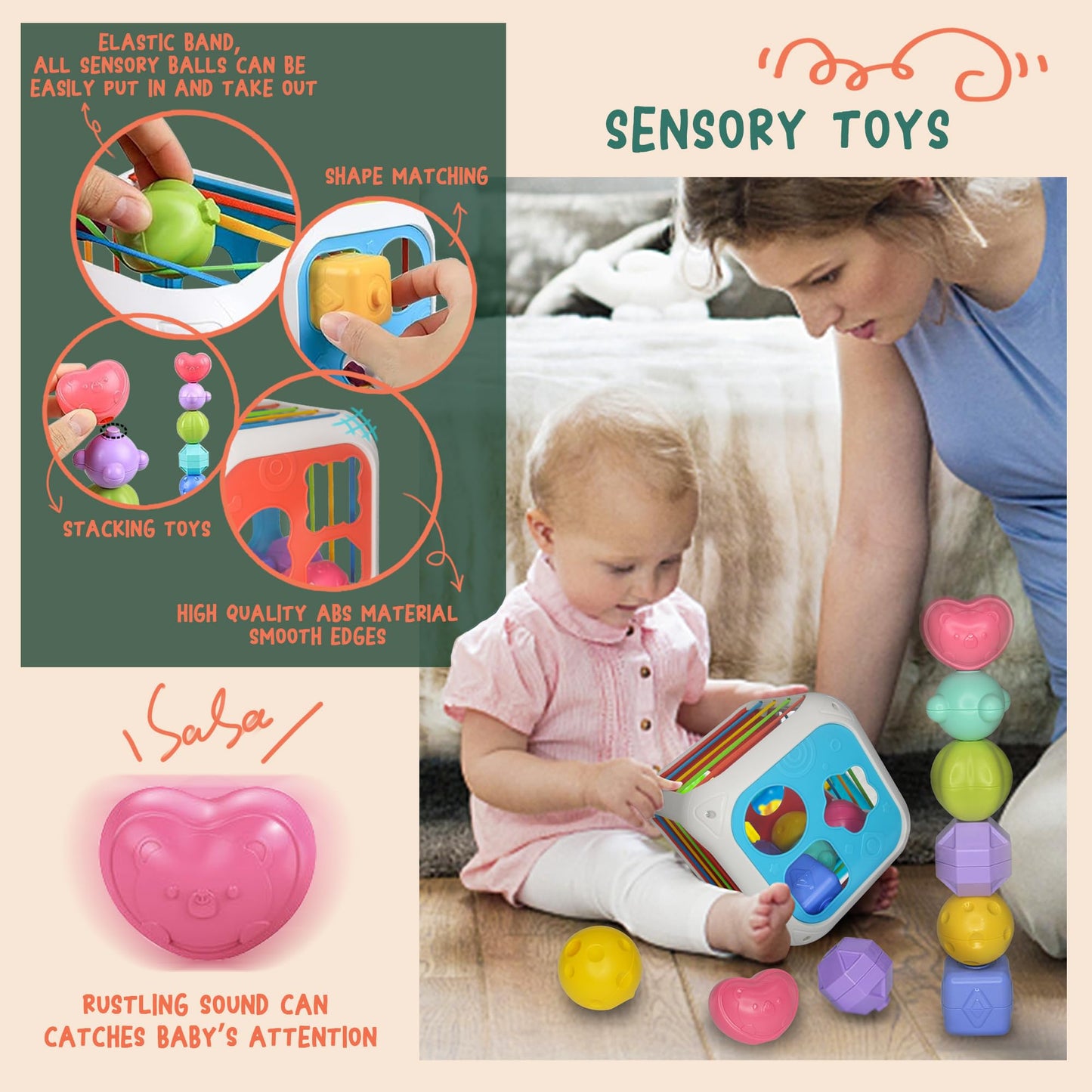 MutoToy ® Baby Toys 6-12 Months, 6 in 1 Montessori Toys for Babies, 42PCS Sensory Toys with Stacking Cups, Suction Cup Spinner Toys, Baby Tissue Box Toy, Shape Sorter, Stacking Rings, Baby Blocks