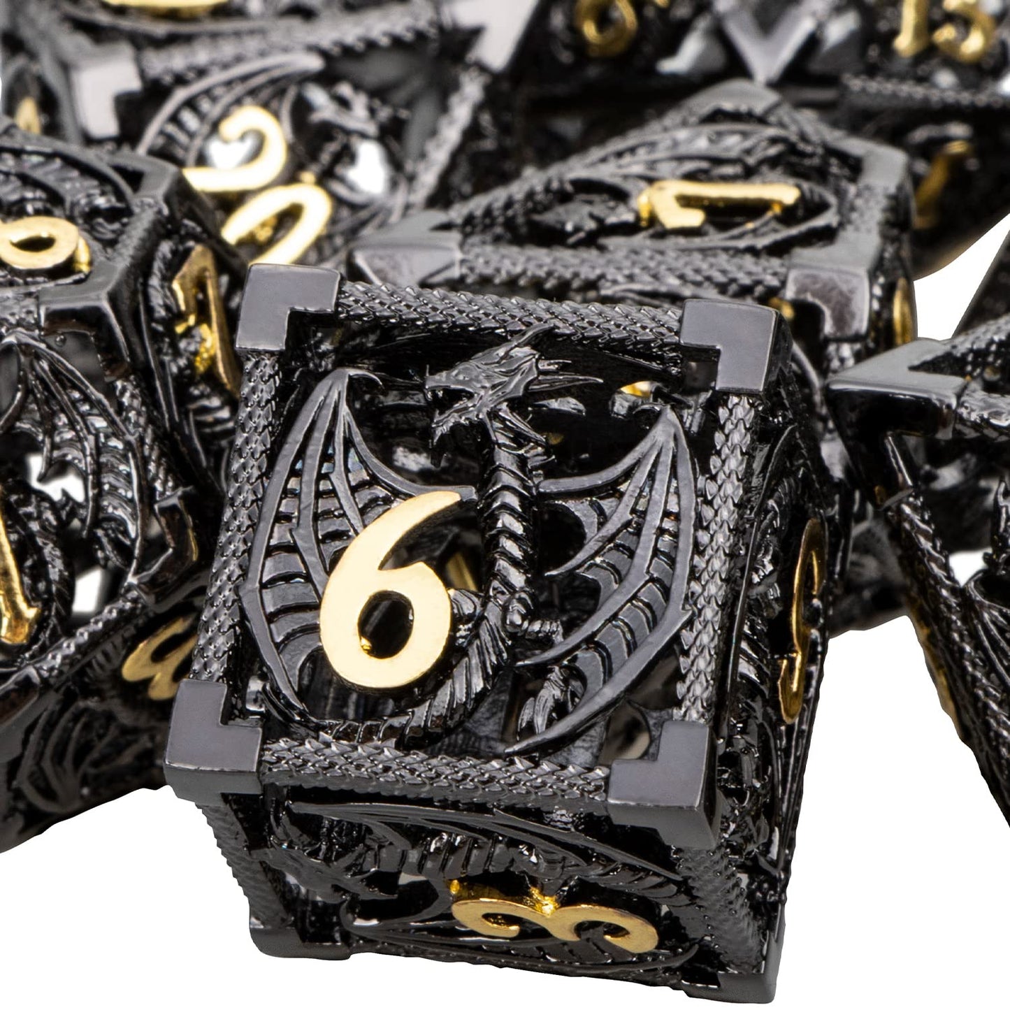 ARUOHHA Hollow Metal DND Dice Black Gold Dragons Dice Set with Gift Box, Compatible with D&D RPG Role Playing Game, Dungeons Polyhedra D and D Dice D20 D12 D10 D8 D6 D4