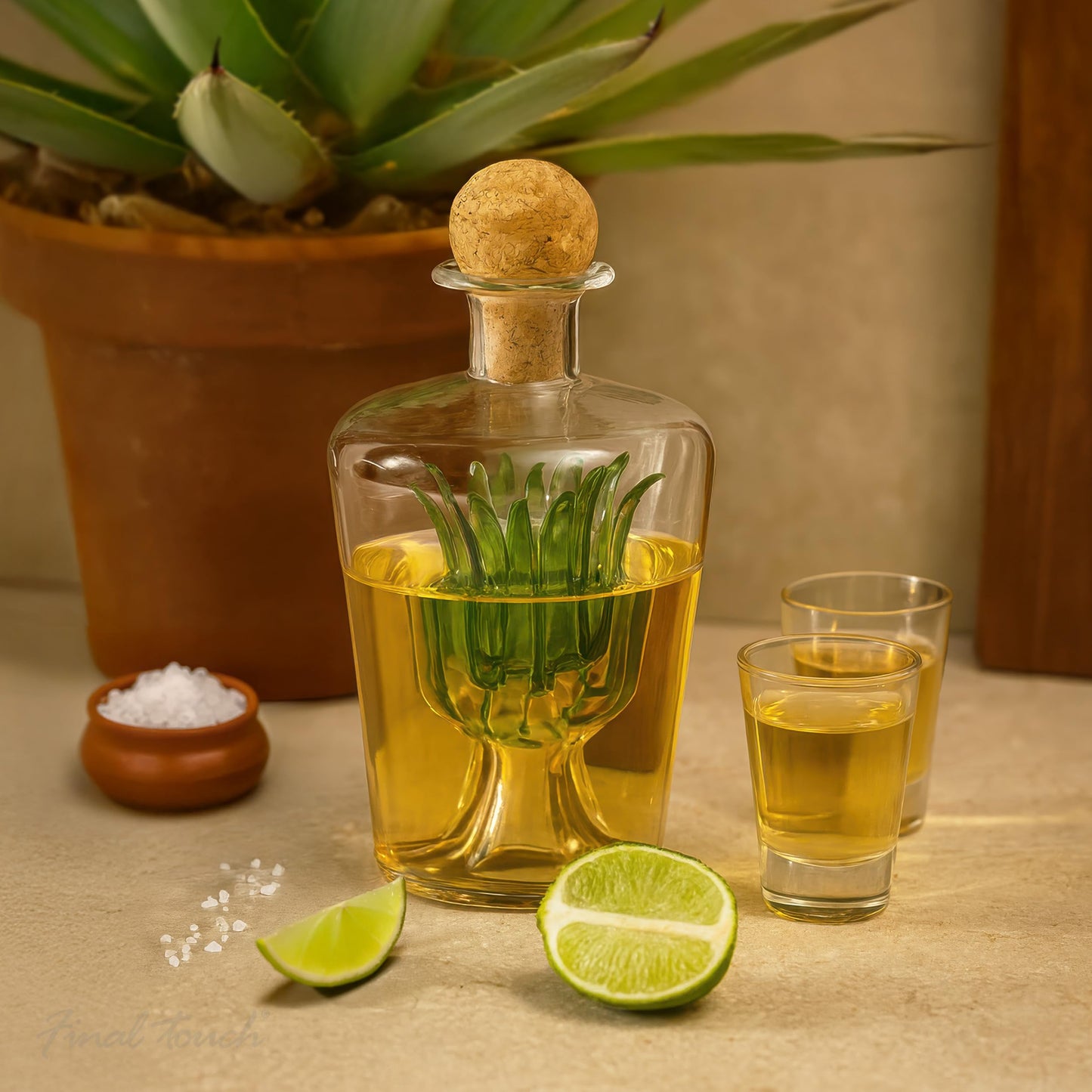 Final Touch Agave Tequila Decanter - 850ml Handmade Bottle with Natural Cork Stopper and Wide Spout for Smooth Pouring - Inspired by Agave Plant for Tequila Serving (TQ5301)