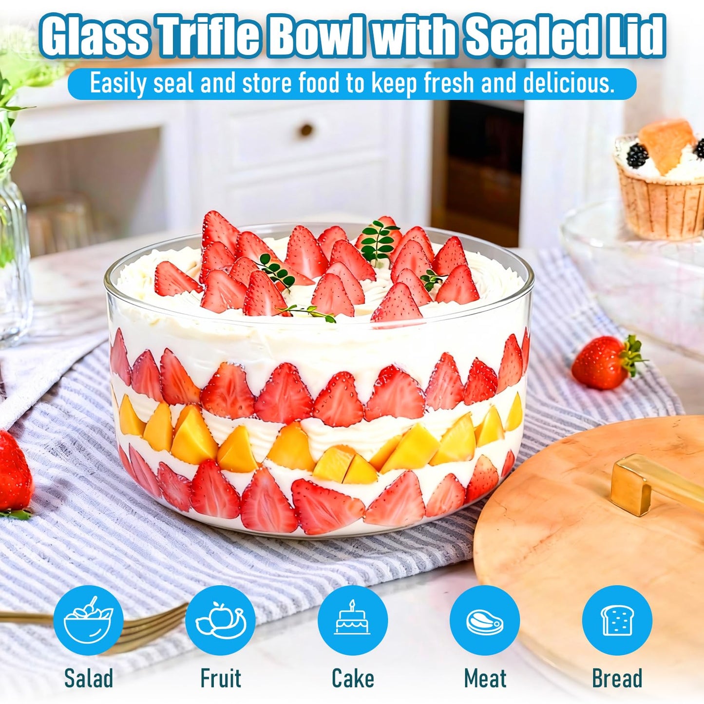 Acelane 10 Inch Glass Trifle Bowl with Sealed Lid, 200oz Large Salad Bowl, Modern Versatile Mixing and Serving Bowl for Salad, Dessert, Ice Cream, Cake and Party, Home, Microwave & Dishwasher Safe