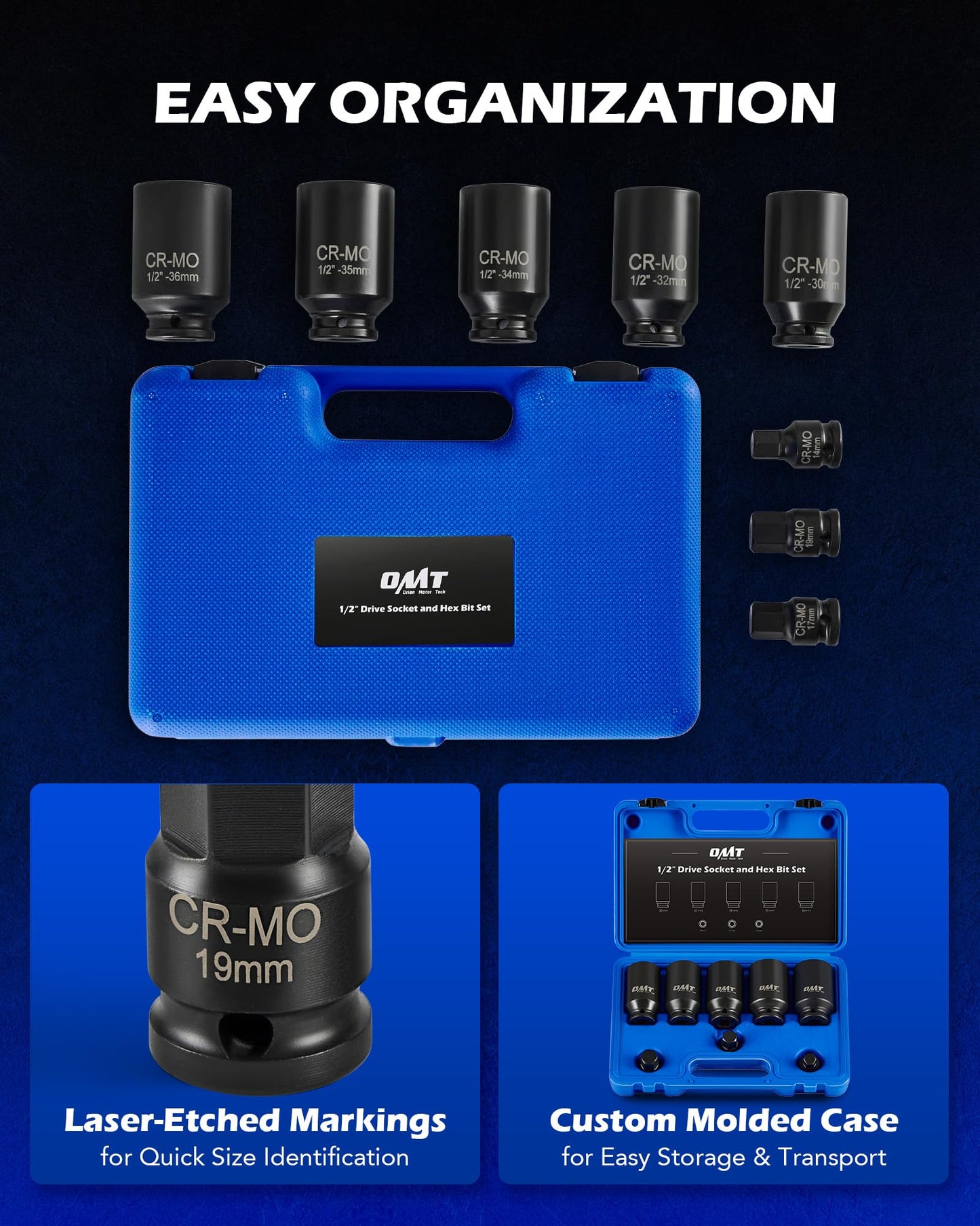 Orion Motor Tech 8pc Axle Nut Socket Set, 1/2 in Drive Metric 12 Point CR-MO Axle Nut Impact Socket Set, Extra-Deep Spindle Axle Nut Sockets with Storage Case, 14mm 17mm 19mm, 30mm 32mm 34mm 35mm 36mm