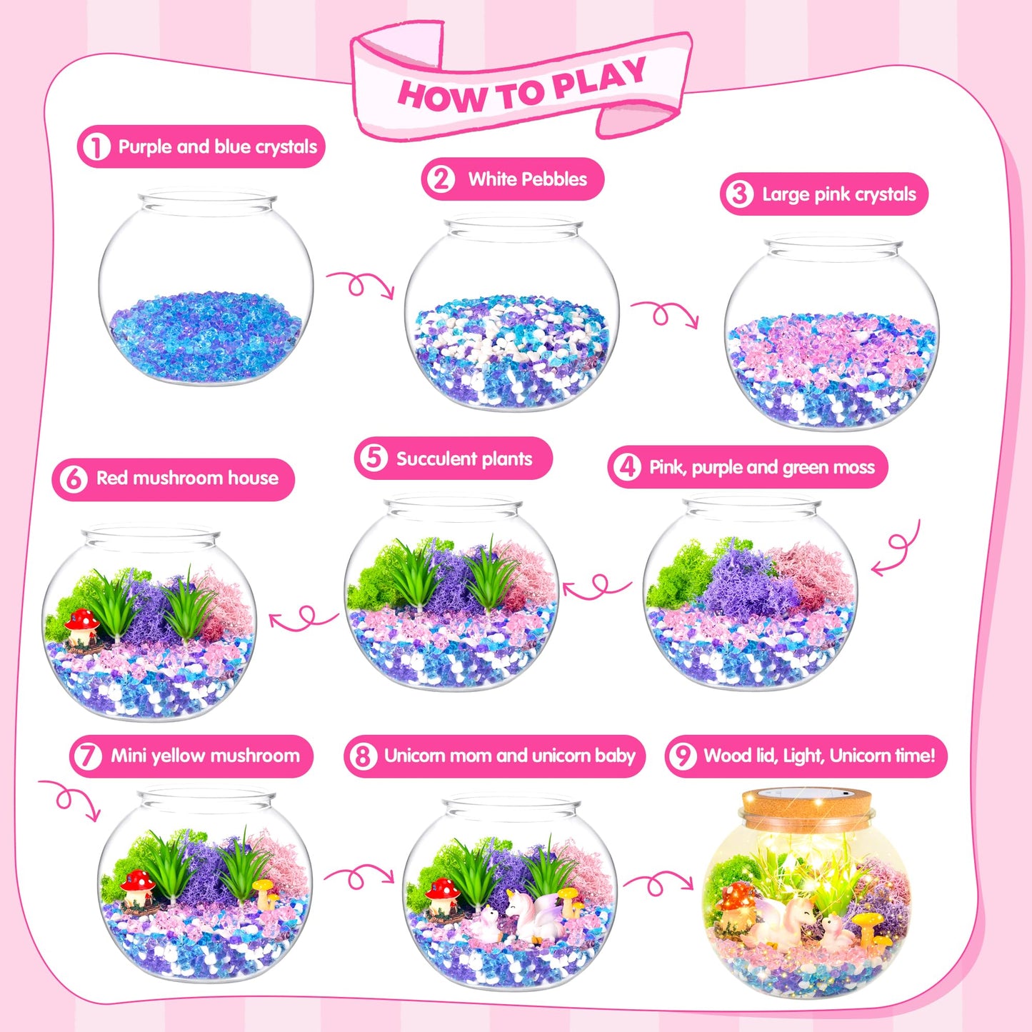 KASU Unicorn Gifts for Girls - DIY Light Up Terrarium Kit - Kids Craft Toy - Birthday Gift for 5-12 Year Old Girls