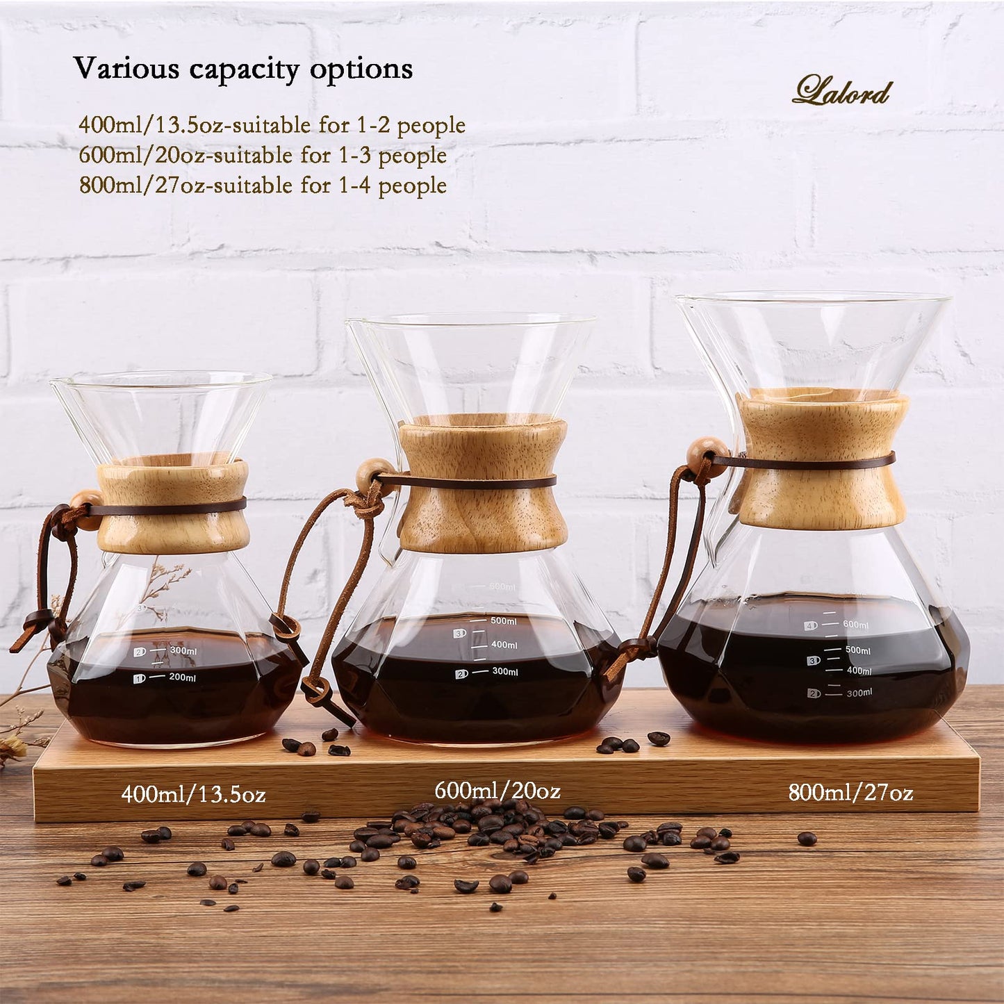 Lalord Pour Over Coffee Maker with Stainless Steel Filter, 600 ml Borosilicate Glass Coffee Maker Carafe, Wooden Collar, Coffee Dripper Brewer, Hold 3 Cups, 20 oz, Clear
