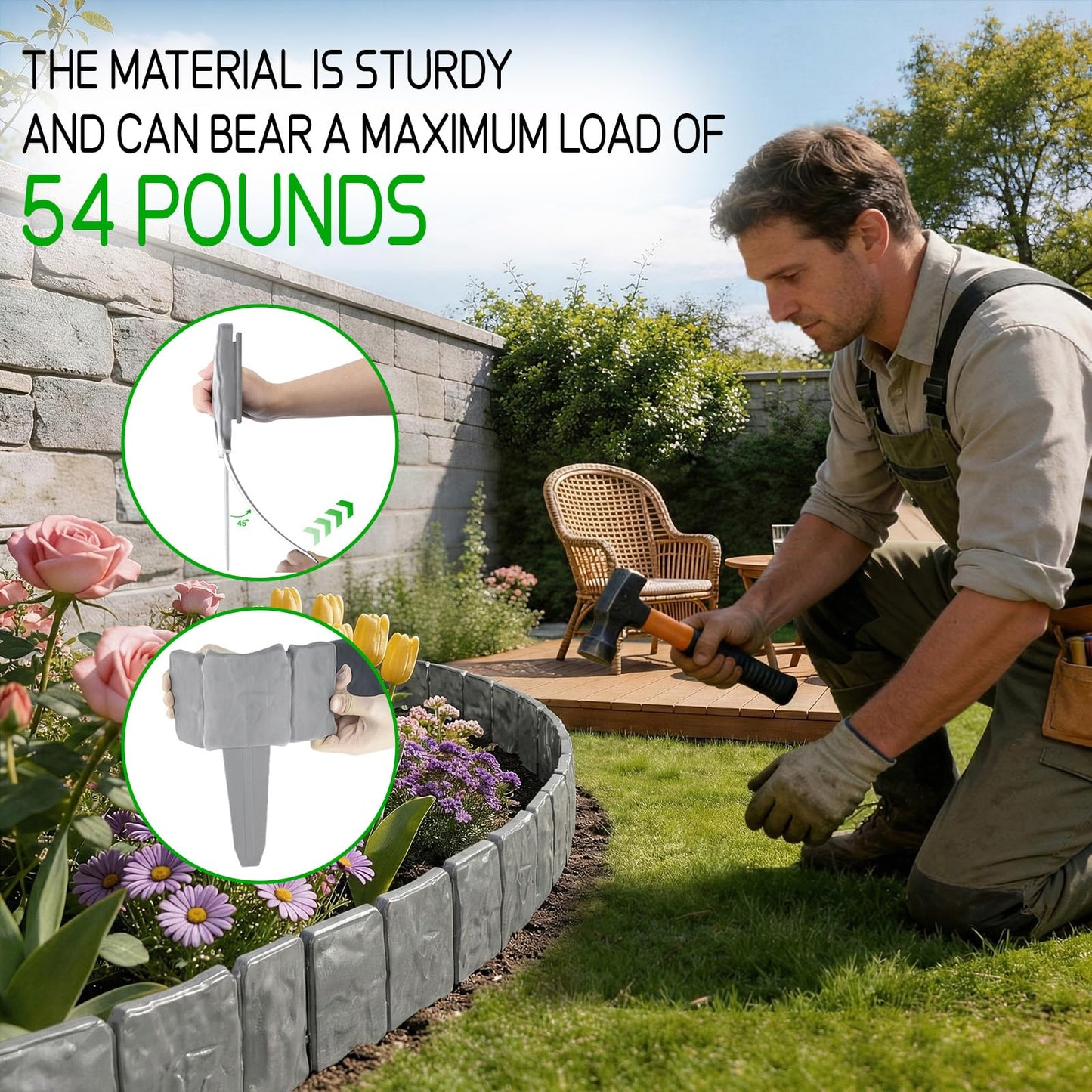 30/40 Pcs Garden Edging Border, Plastic Stone Effect 24/32ft Landscape/Lawn Edging Garden Decor Fence for Garden Lawn Landscape Flower Bed Patios DIY Yard No Dig (40, Gray)