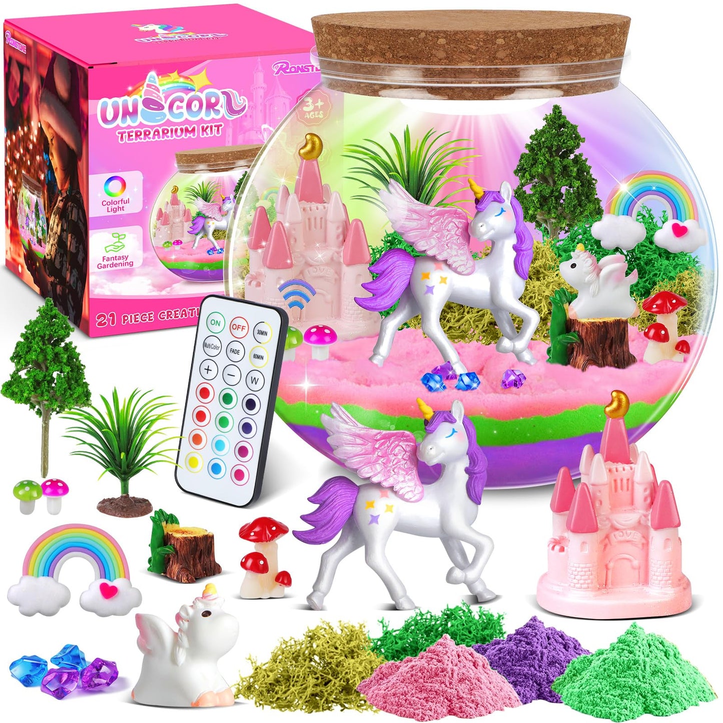 RONSTONE Light-Up Unicorn Terrarium Kit for Girls – DIY Arts & Crafts Gift with Remote-Control LED Light – Fun Unicorn Toys for Kids Ages 4 5 6 7 8 9 10 – Birthday for Girls