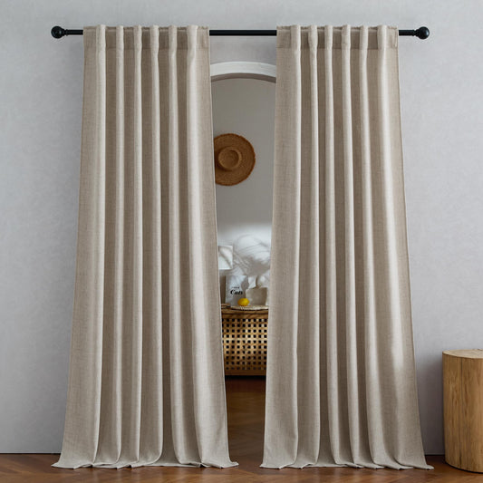 NICETOWN 90 inch Curtains for Bedroom, Rod Pocket & Back Tab Faux Linen Semi Sheer Window Treatments Privacy with Light Filtering Drapes for Living Room/Bedroom, Oatmeal, W52 x L90, 2 Panels