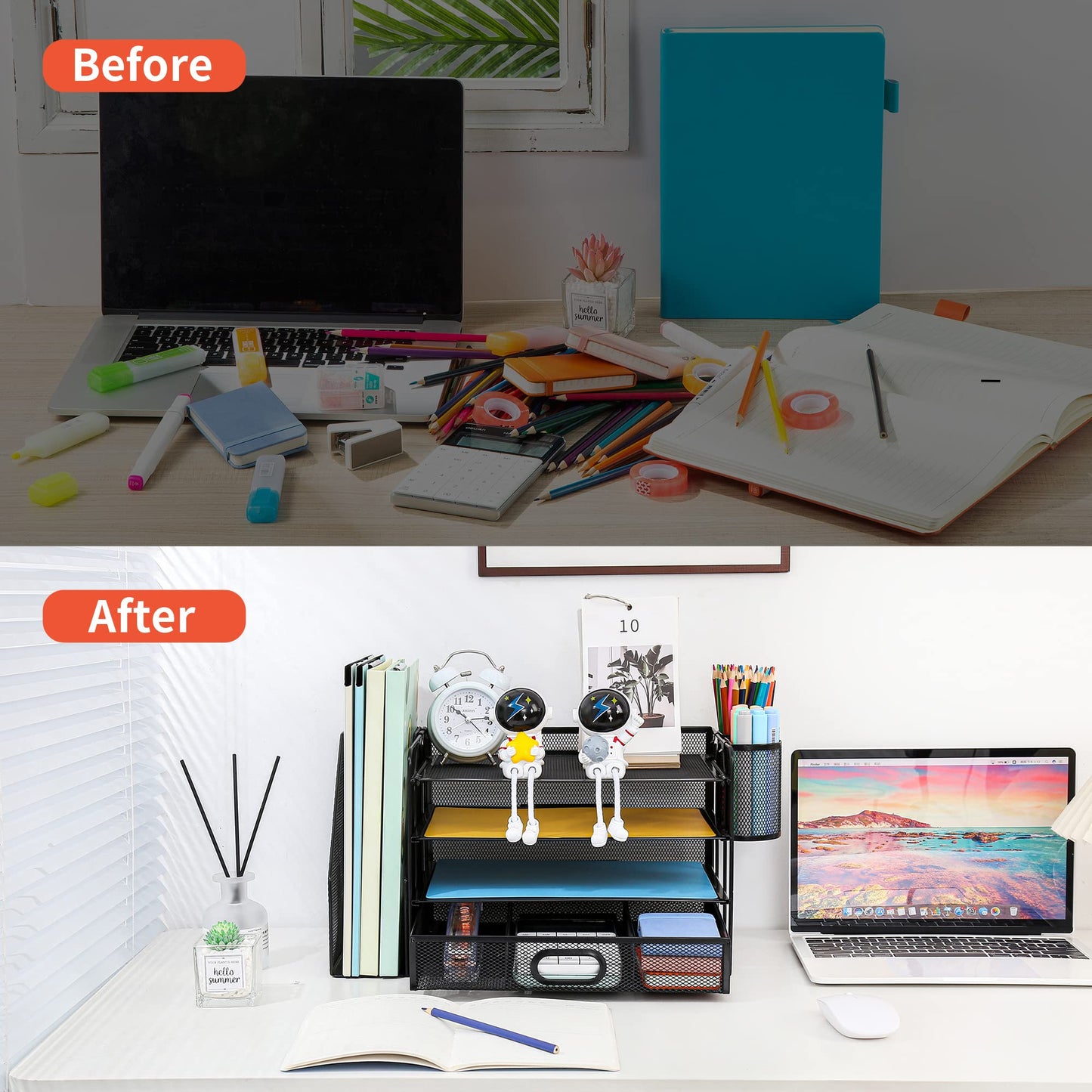 Desk Organizer with File Holder, 4-Tier Letter Paper Tray Organizer with Drawer & 2 Pen Holders, Desk Organizers and Accessories, Mesh Desktop File Organizer and Storage for Office Supplies