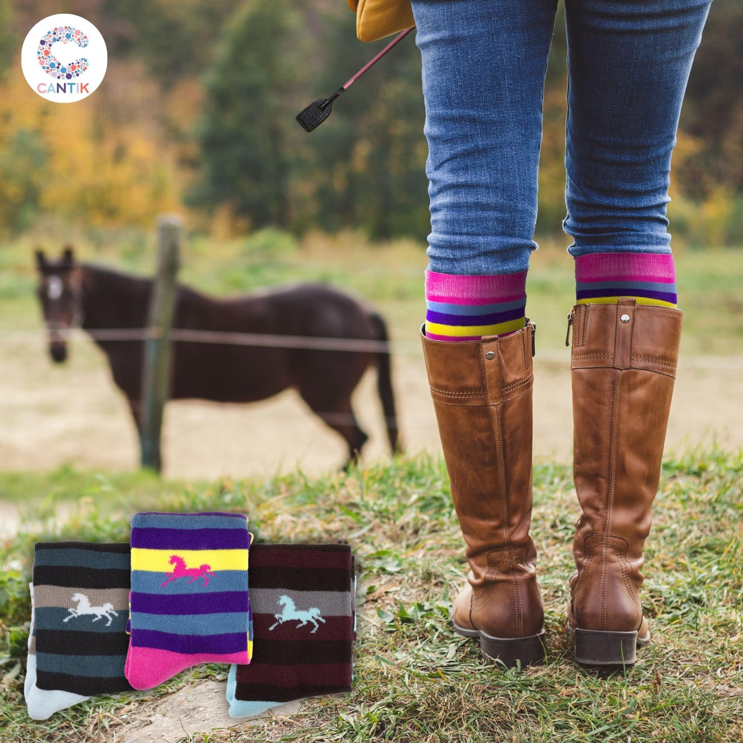 Cantik Horse Socks & Horse Hair Ties - Knee High Equestrian Socks (3 Pairs), Soft & Cotton Rich - Perfect Horse Gift For Girls, Teenagers, & Horse Lovers. Horse Riding Socks & 5 Ouchless No Crease Hair Ties Gift Set Cantik Horse Socks & Horse Hair Ties -