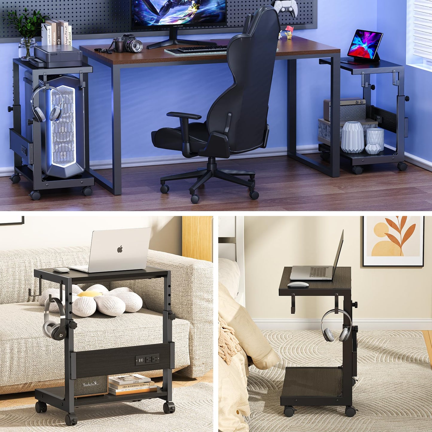 Hovadova Computer Tower Stand with Charge Station and USB Charging Port - Height Adjustable PC Tower Stand, Under Desk CPU Holder Cart with Locking Caster Wheels for Fits Most PC