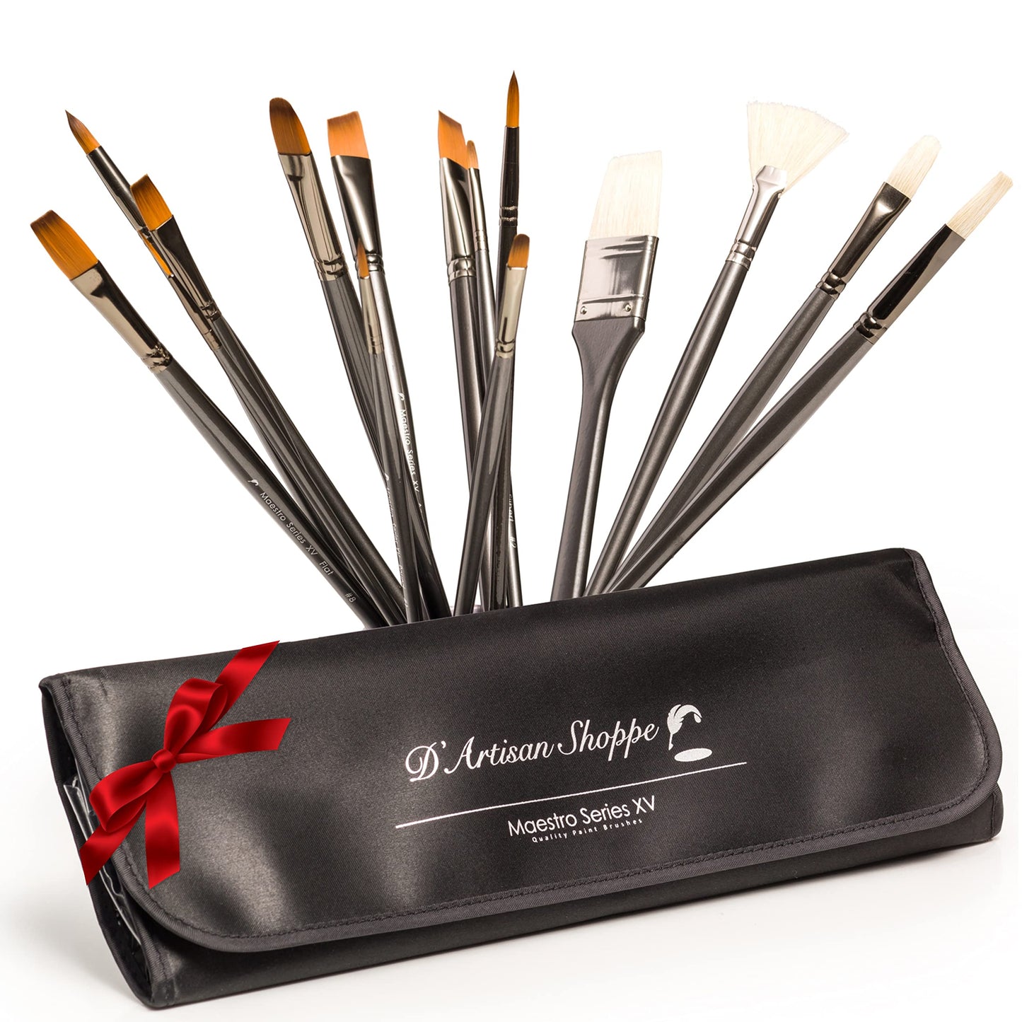 Art Brush Set. Best Professional Artist Supplies. Acrylic Paint Brushes, Watercolor, Gouache, Oil Painting. 15 pc Long Handle. Travel Kit by D’Artisan Shoppe