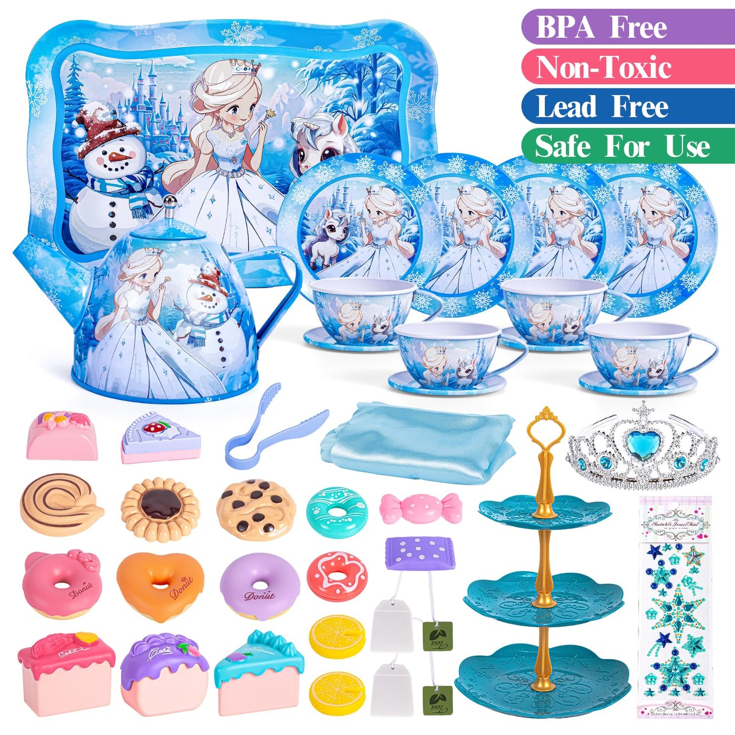 Frozen Tea Party Set for Little Girls, Elsa Princess Toy Gift, Kids Pretend Play Tin Tea Set with Teapot, Tea Cups, Food Playset & Carrying Case, Birthday for Girls Age 3+