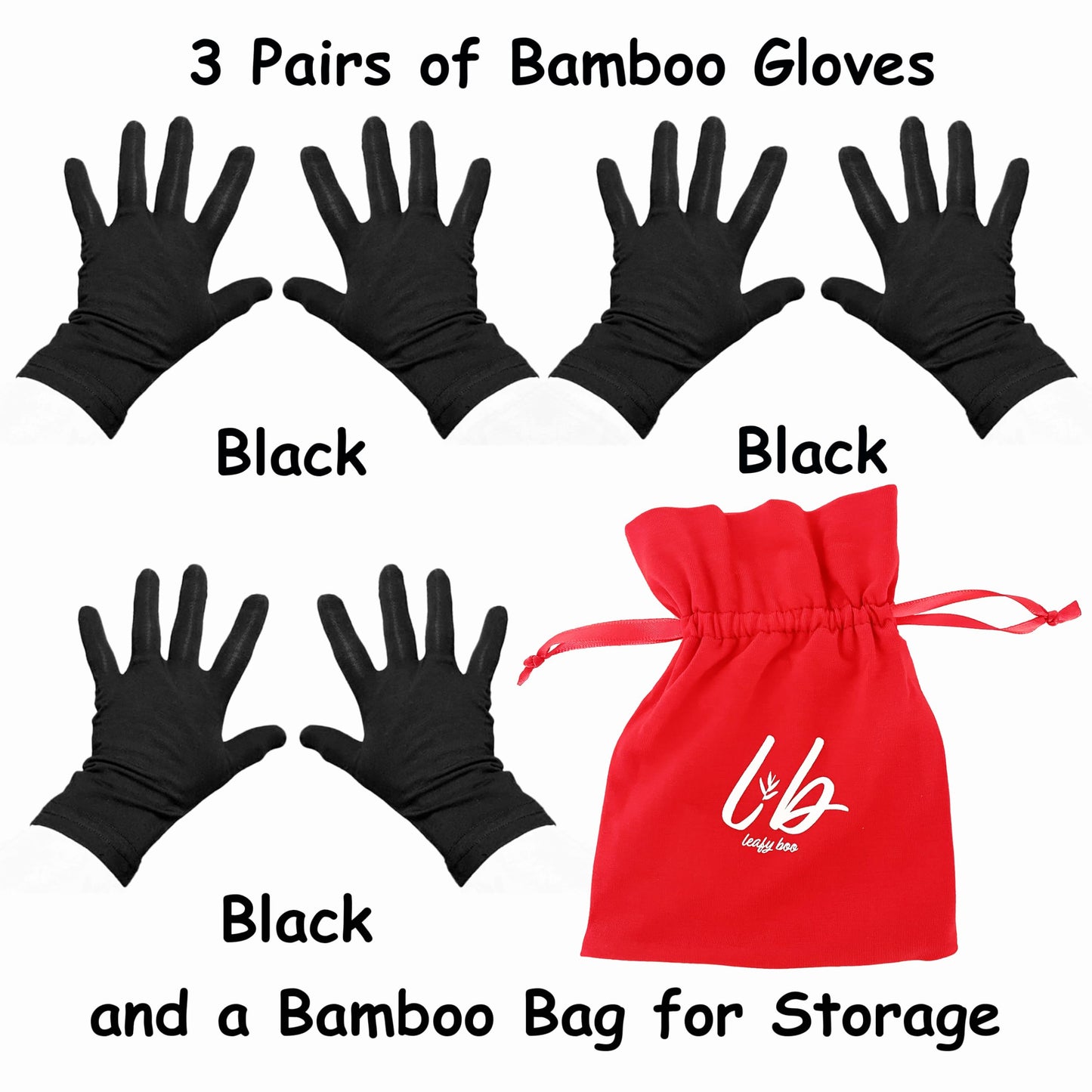 Bamboo Gloves for Eczema, Black, Small, Women, Dry Hands, Overnight Moisturizing Gloves, 3 Pairs