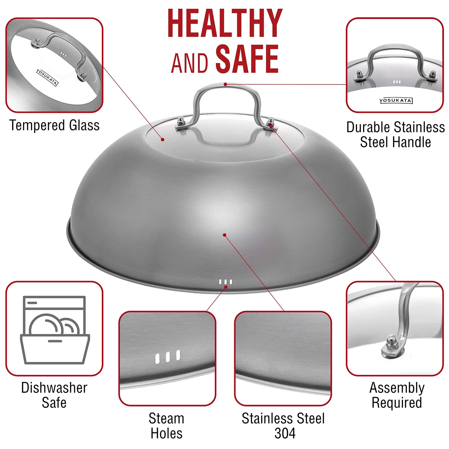 YOSUKATA Wok Lid 34.5 cm - Premium Stainless Steel Cover - Tempered Glass Insert Steam Holes - Ergonomic Handle -Durable Kitchen Accessories - Dishwasher-Safe Lid for 36 cm Wok for Asian Cooking