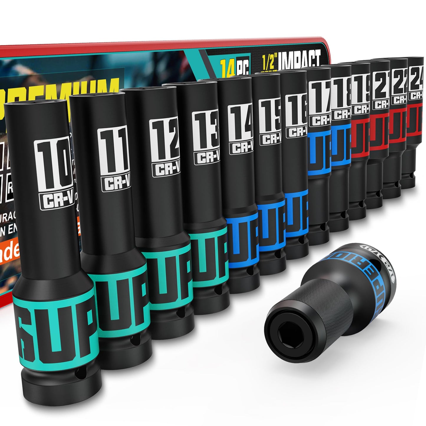 KIRXST 1/2" Drive 14-Piece Impact Socket Set, 10-24mm Thicker Deep Sockets with Heavy Duty Storage Case and 1/2 to 1/4 Impact Wrench Adapter, Socket Set for Automotive and Home, Metric, 6 Point