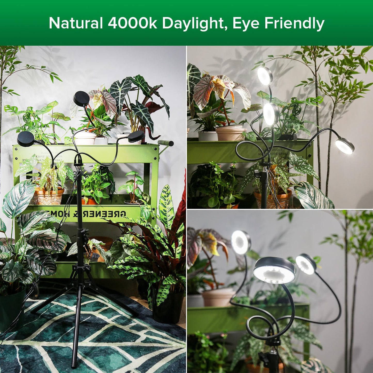 SANSI Grow Lights for Indoor Plants, 500W Equivalent Full Spectrum 3 Head Plant Lights for Indoor Growing, Energy Efficient 30W Dimmable Grow Light 35"-65" Adjustable Tripod Stand Auto On/Off Timer