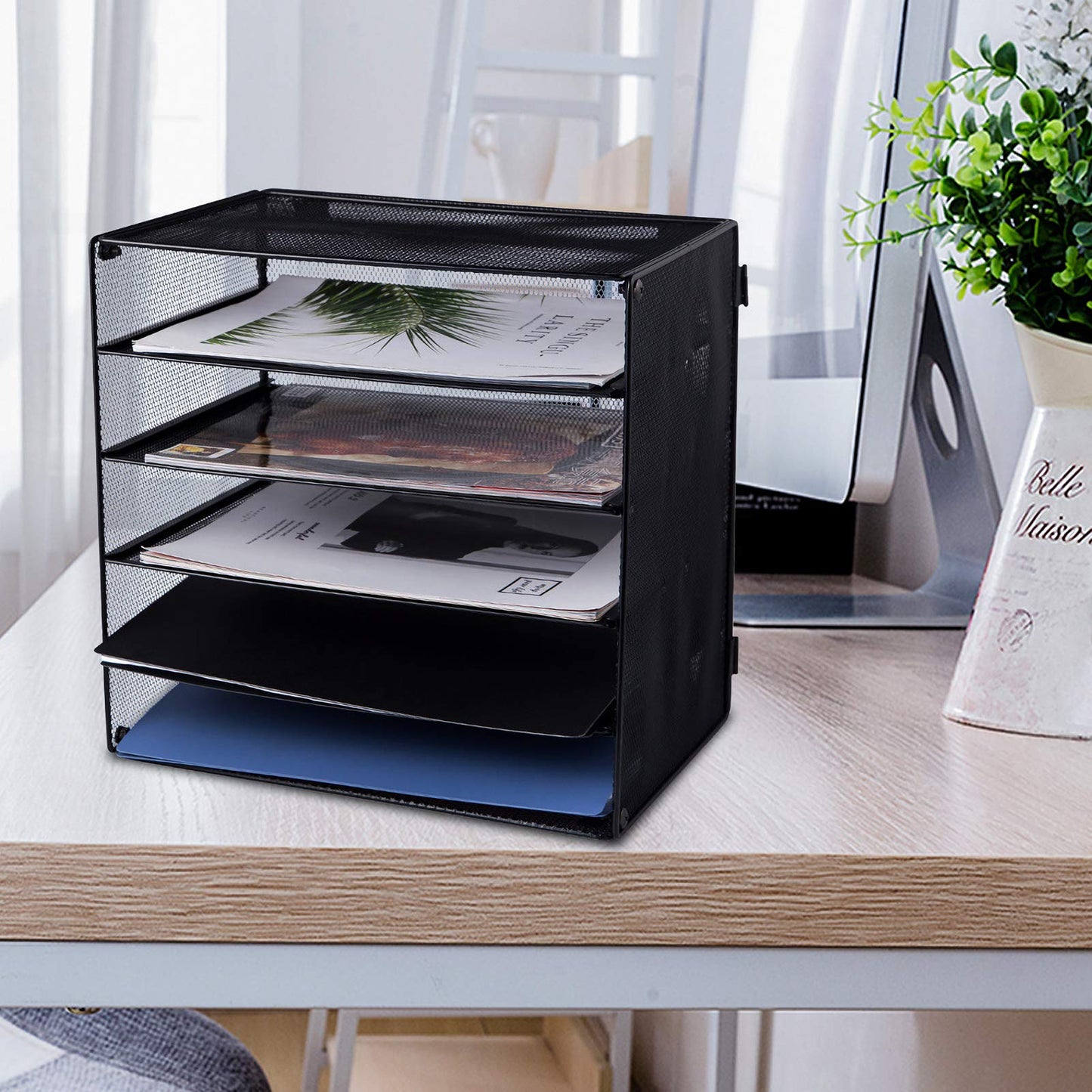 EASEPRES 6 Slot Black Desk File Organizer Tray, Mesh File Paper Letter Tray Desktop Paper Sorter Literature Organizer Rack for Home Office School, 2 Pack