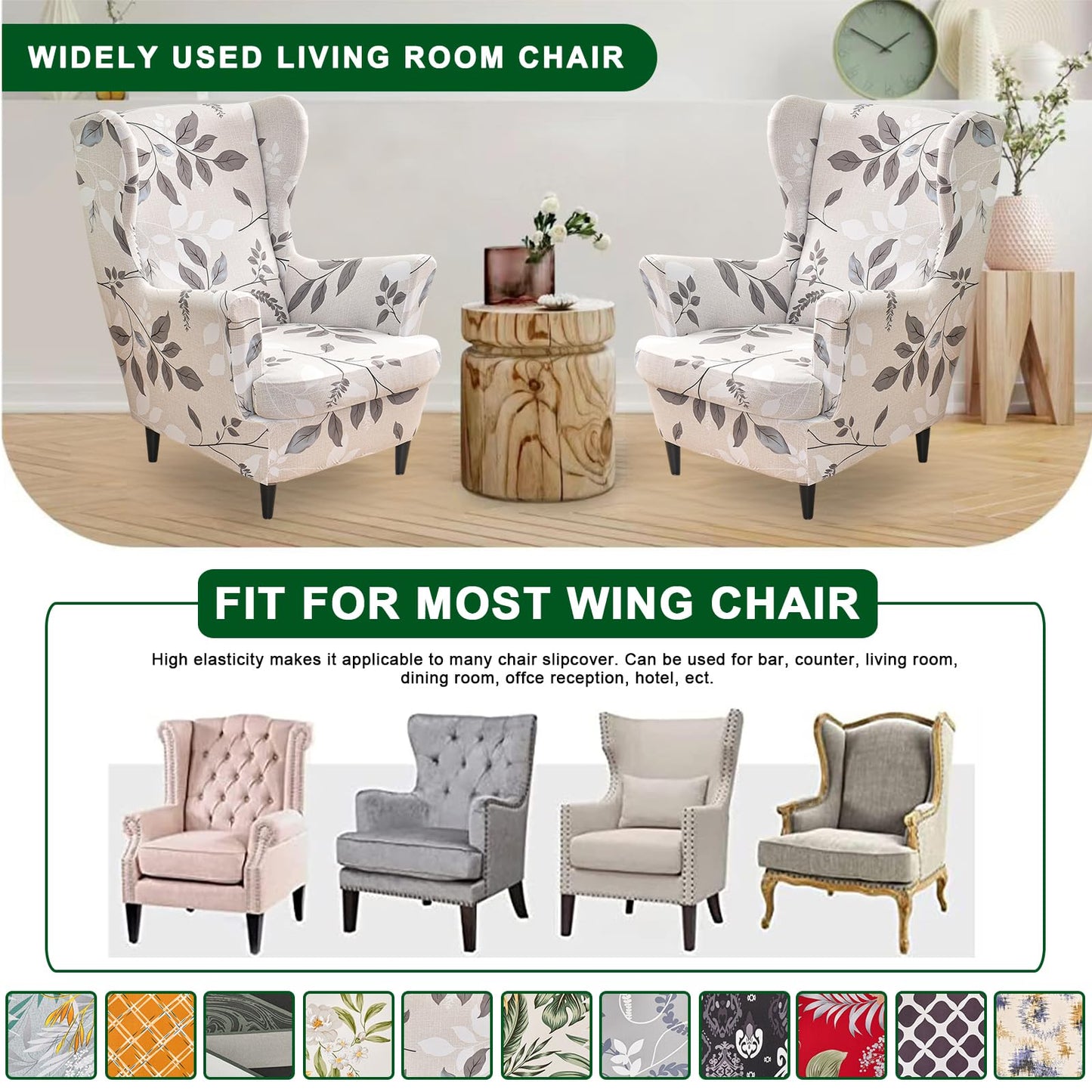 CRFATOP 2 Piece Stretch Wingback Chair Slipcover Printed Wing Chair Covers Polyester Fabric Wingback Armchair Covers Furniture Protector with Elastic Bottom for Living Room Bedroom Wingback Chair,02