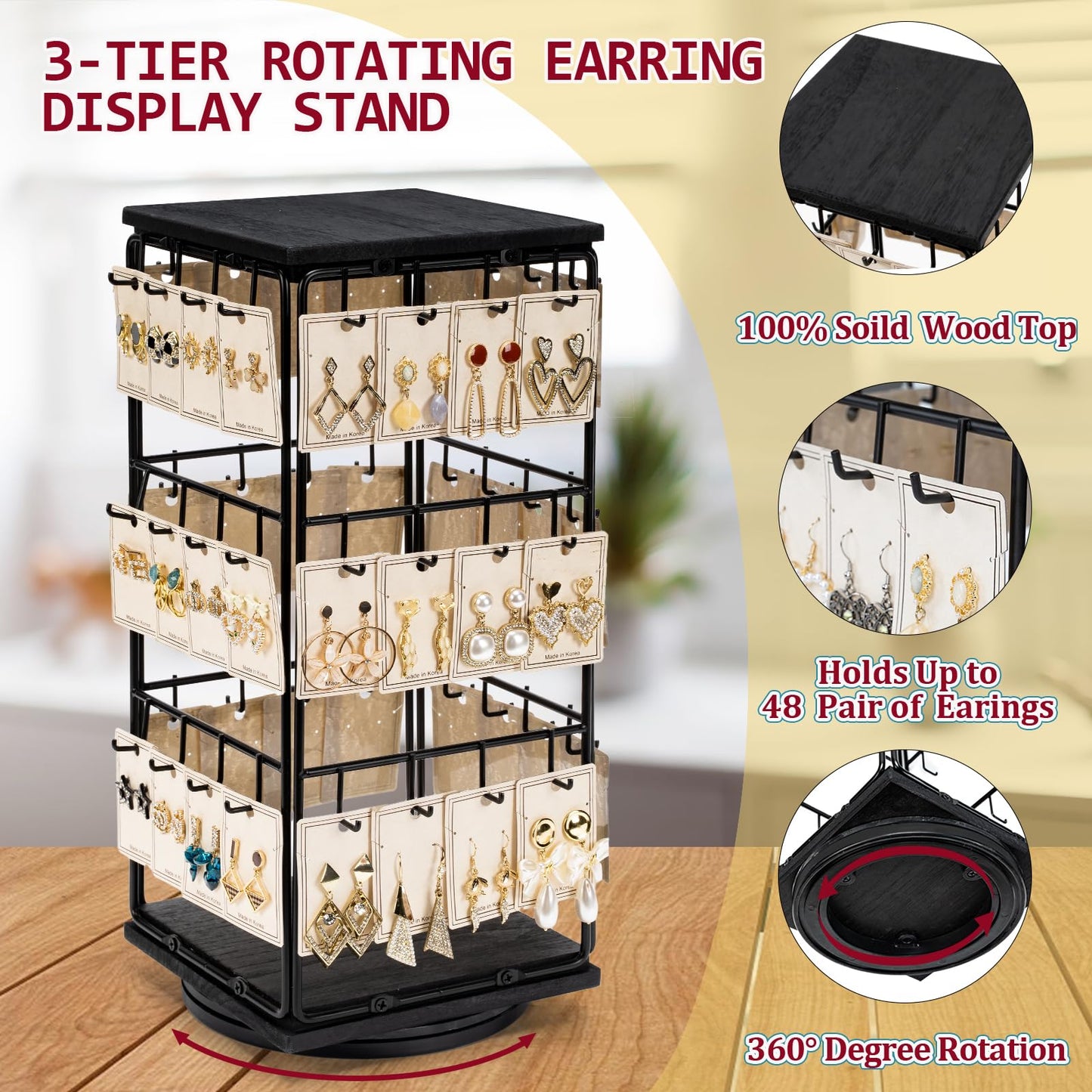 Yoimori 360 Rotating Earring Display Stands for Selling, Earring Rack Display Holder Organizer Stand, Jewelry Display for Vendors Selling Earring Cards, Necklaces, Bracelets, Hair Accessories