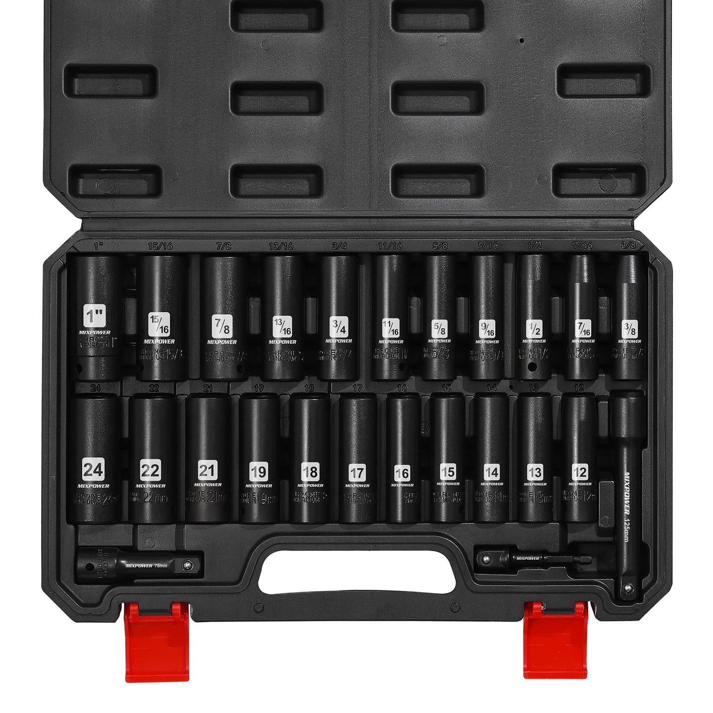 MIXPOWER 25 Pieces 1/2-Inch Drive Deep Impact Socket Set, CR-V, Metric/SAE, Includes 12mm to 24mm, 3/8-Inch to 1-Inch, 3", 5" Extension Bars, 1/2"-1/4" Adapter