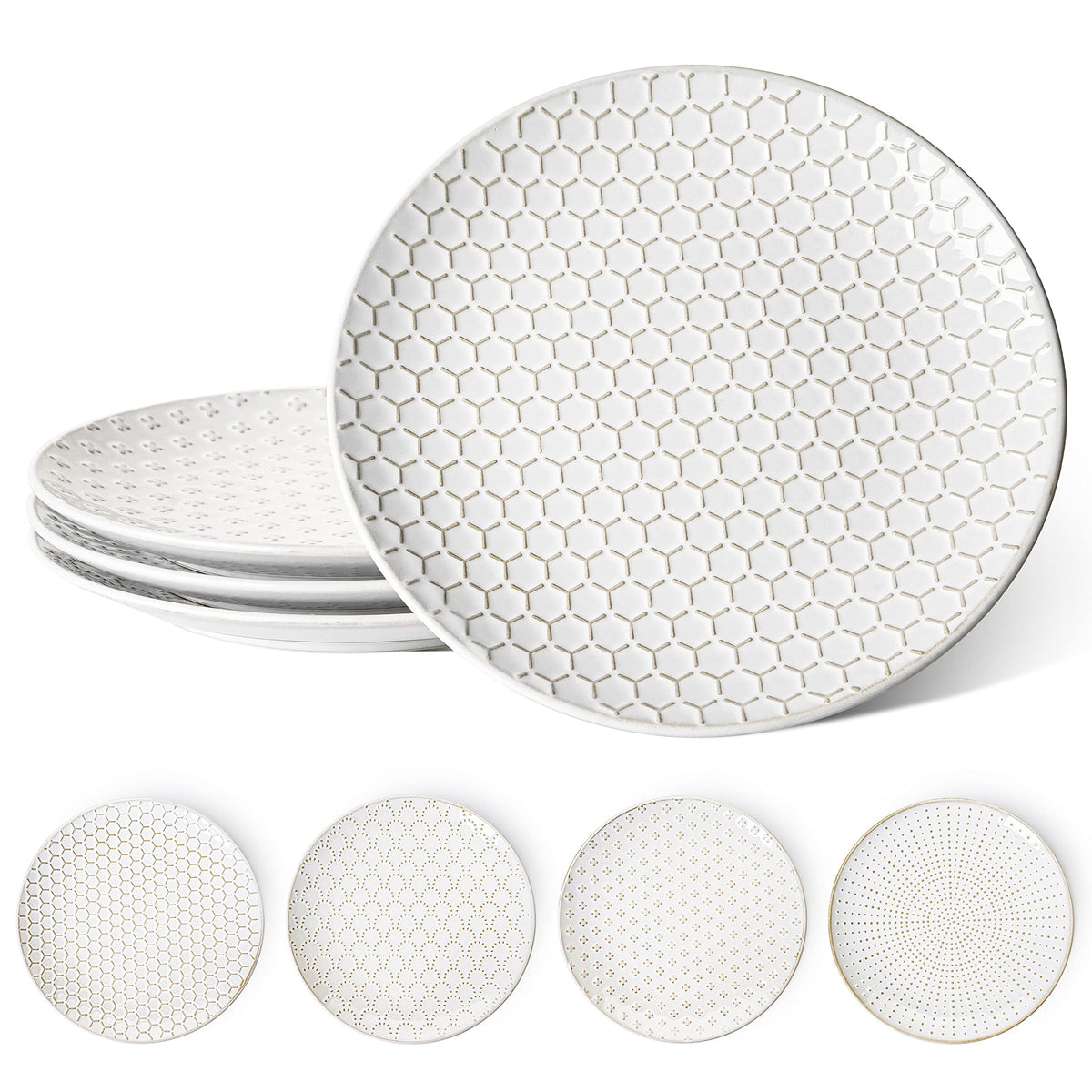 LE TAUCI Dinner Plates 10 Inch, Ceramic Dish Set for Kitchen, Embossed Serving Dish, Microwave Oven Dishwasher Safe, for Housewarming or Wedding - Set of 4, Arctic White