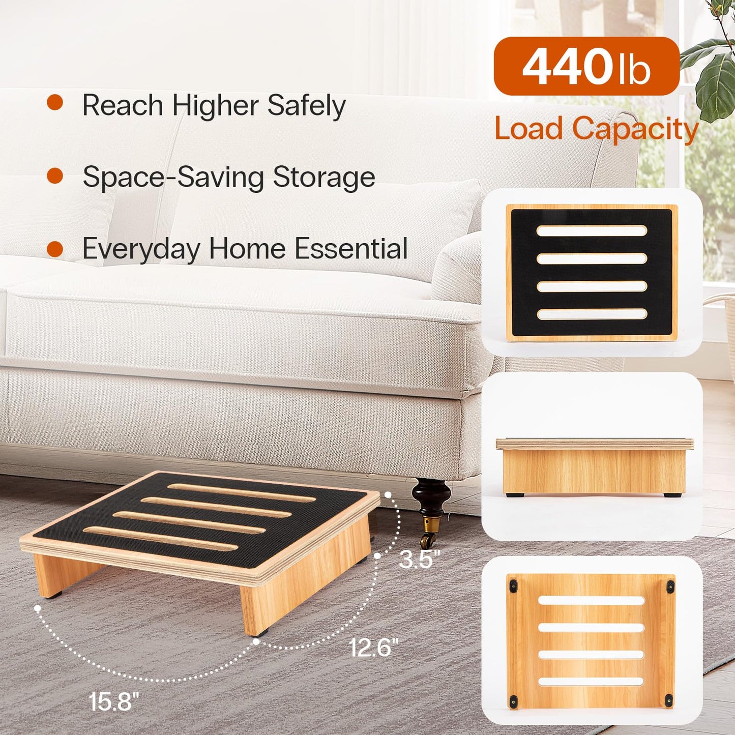 StrongTek One Step Stool for Adults with Non-Slip Rubber Stepping Surface, Portable Single Wooden Riser, 440 lb. Load Capacity for Kitchen, Bathroom, or Bedside, Kid and Senior Support (Natural)