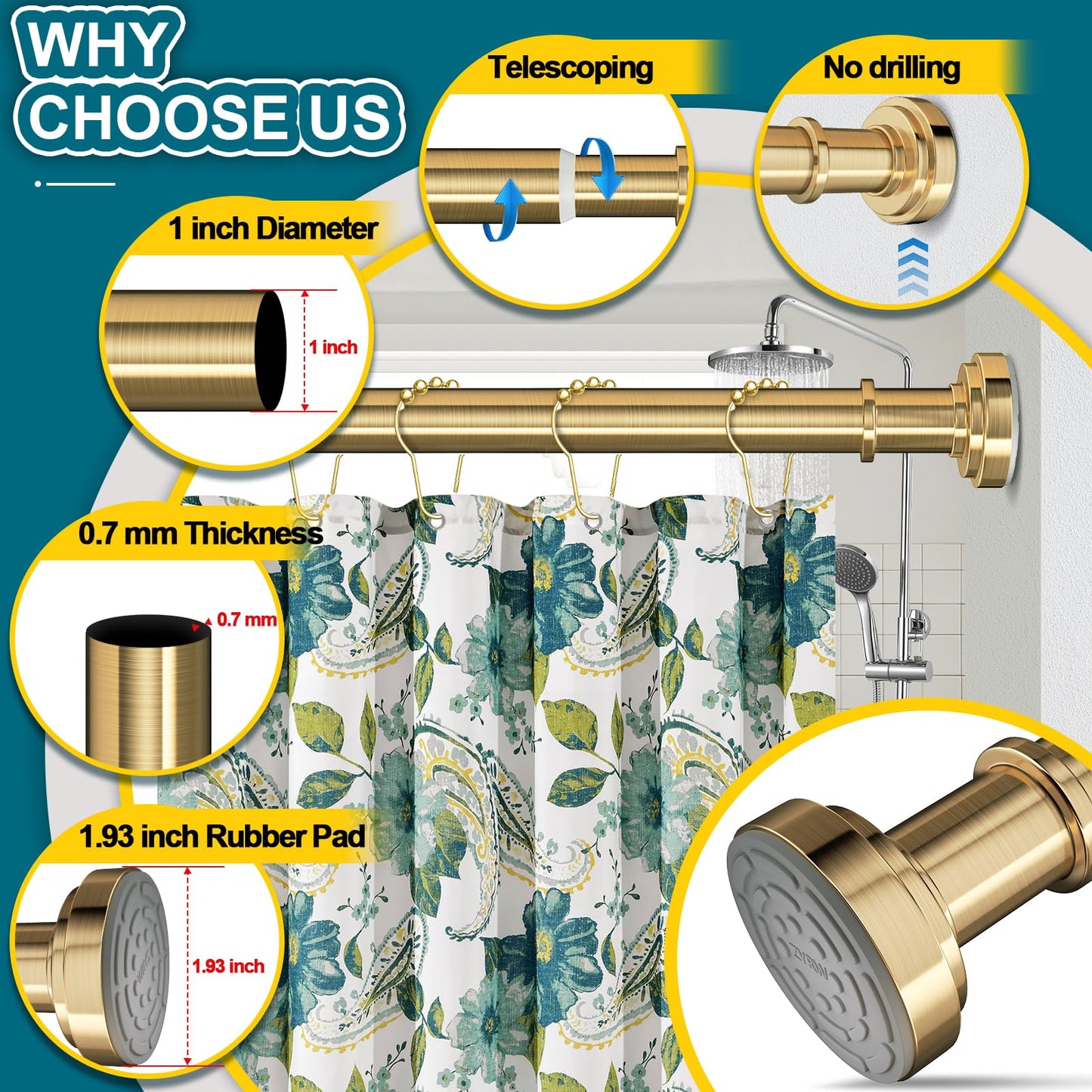 ZYRW Gold Shower Curtain Rod 36-68 Inch(3-5.6ft) Never Rust No Drilling Spring Tension Shower Rod, Adjustable Curtain Rod for Bathroom Window Closet