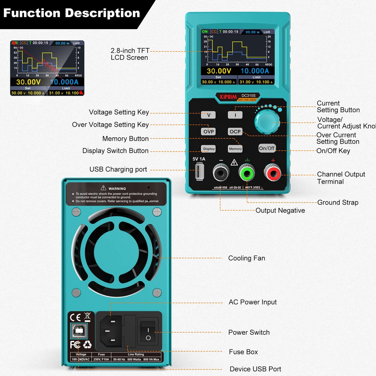 Programmable DC Power Supply (0-30 V 0-10 A) 110V Input High Precision 4-Digit Multiple Protection with PC Software and USB Charging (Professional 30V 10A)