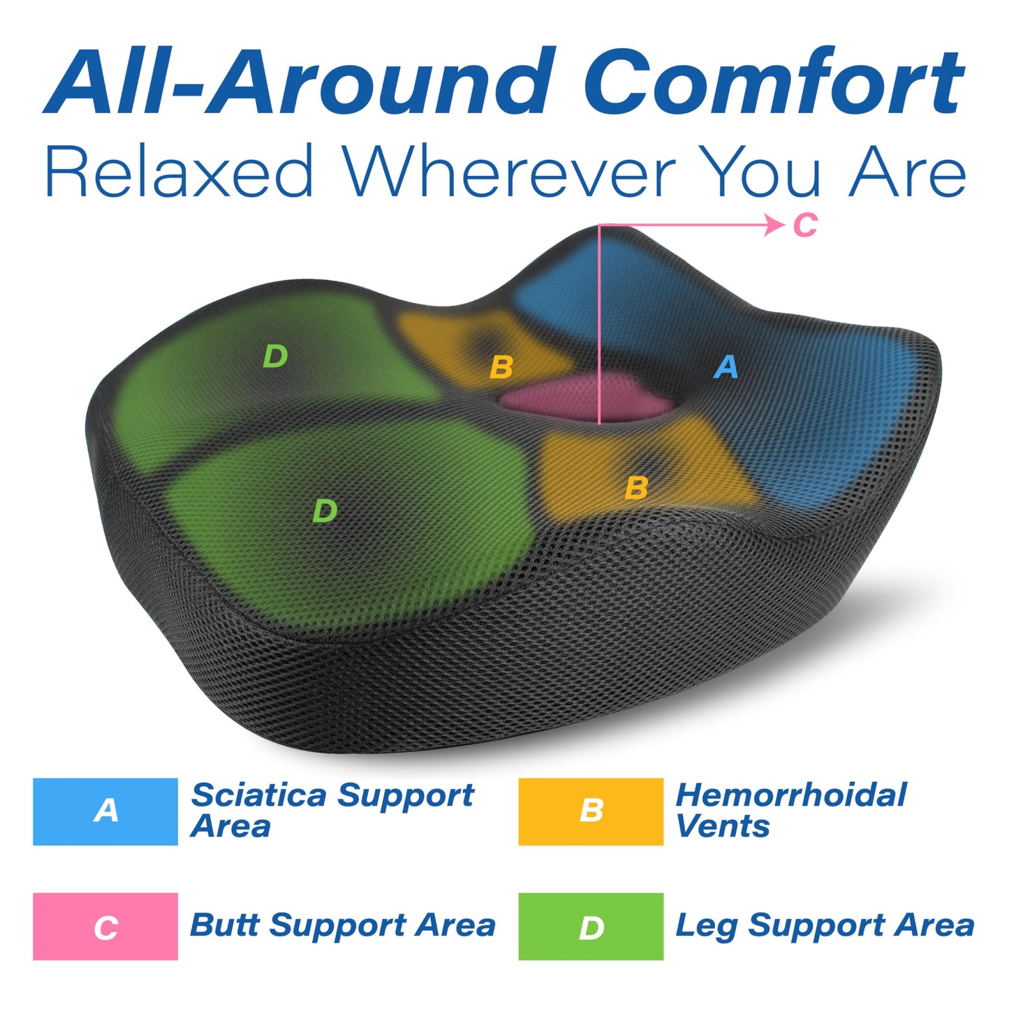 Car Seat Cushion, Ergonomic Memory Foam Car Cushion for Sciatica Pain Relief, Larger Driving Seat Pillow for Short Drivers on Long Drives - Butt Pillow for Truck, Office, Wheelchair - Classic Black