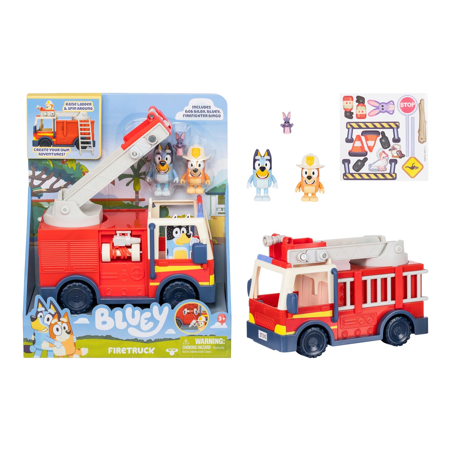 Bluey Firetruck | Firetruck with Bluey, Exclusive Firefighter Bingo and Bob Bilby Figures | Raise The Ladder, Spin It Around and Roll Out The Hose | Includes Sticker Sheet