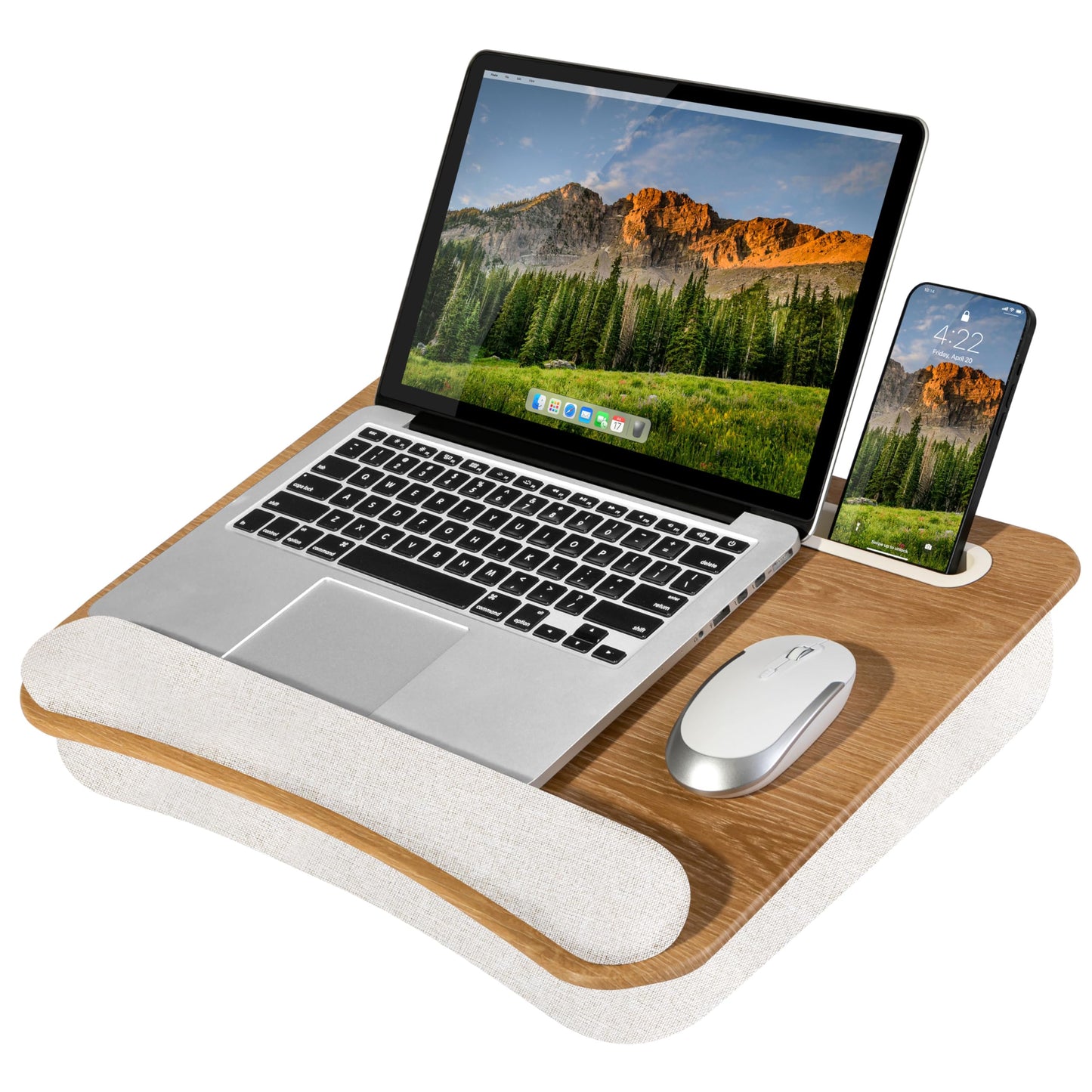LAPGEAR Portable Laptop Lap Desk with Pillow Cushion, Anti-Slip Strip, Tablet or Phone Storage Slot, Pen and Pencil Pocket, and Wrist Rest - White Oak Woodgrain - Fits 15.6" Laptops - Style No. 91349
