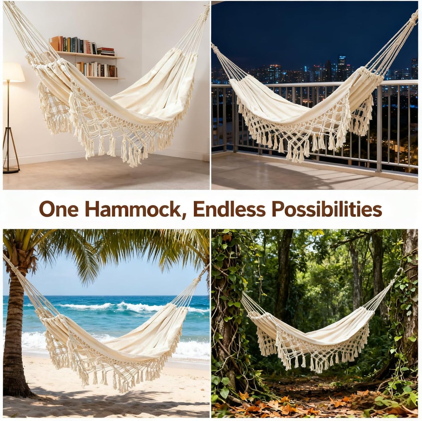 Goutime Double Sized Boho Macrame Black Hammock with Elegant Tassels and Fishtail Knitting 485Lbs Includes Tie Ropes and Black,Beige, Drawstring Bag (Beige)