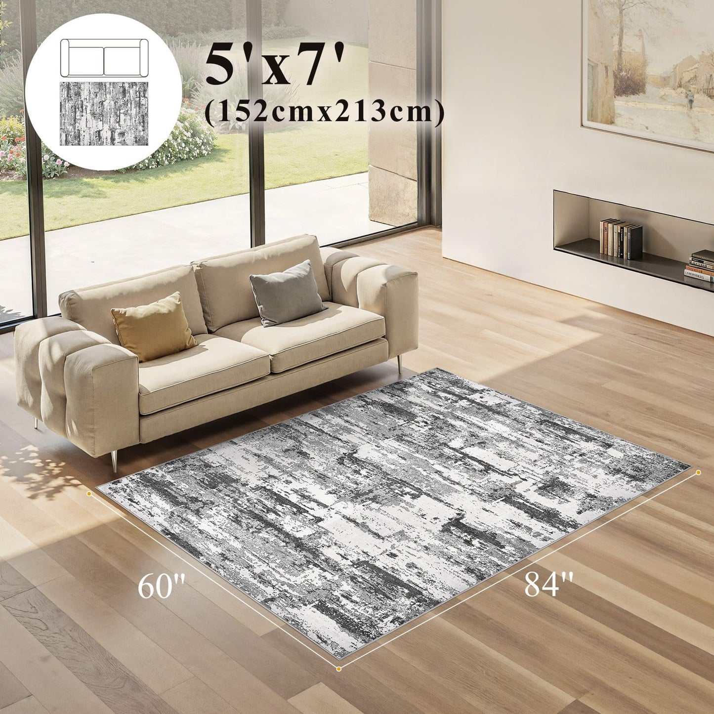 Area Rugs for Living Room: 5x7 Abstract Washable Rug Modern Neutral Large Soft Stain Resistant Non-Slip Backing Machine Table for Bedroom Dining Room Indoor Home Office Carpet - Black Grey