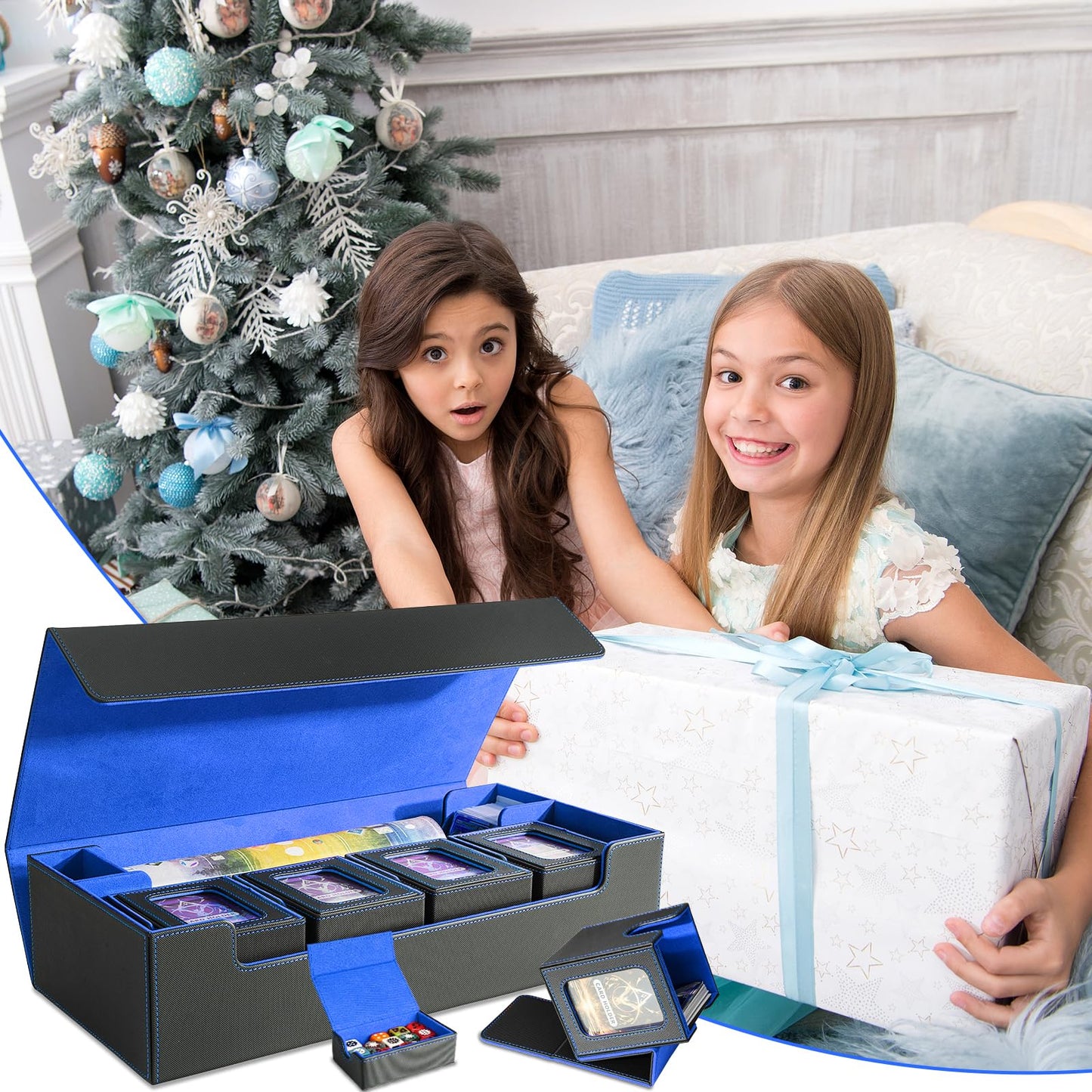 Jaffzora Card Deck Box for MTG Commander, Large 6 in 1 Card Storage Display Case with 5PCS TCG Deck Boxes & Dice Tray, Holds 2400+ Unsleeved Trading Cards (Black&Blue Set)
