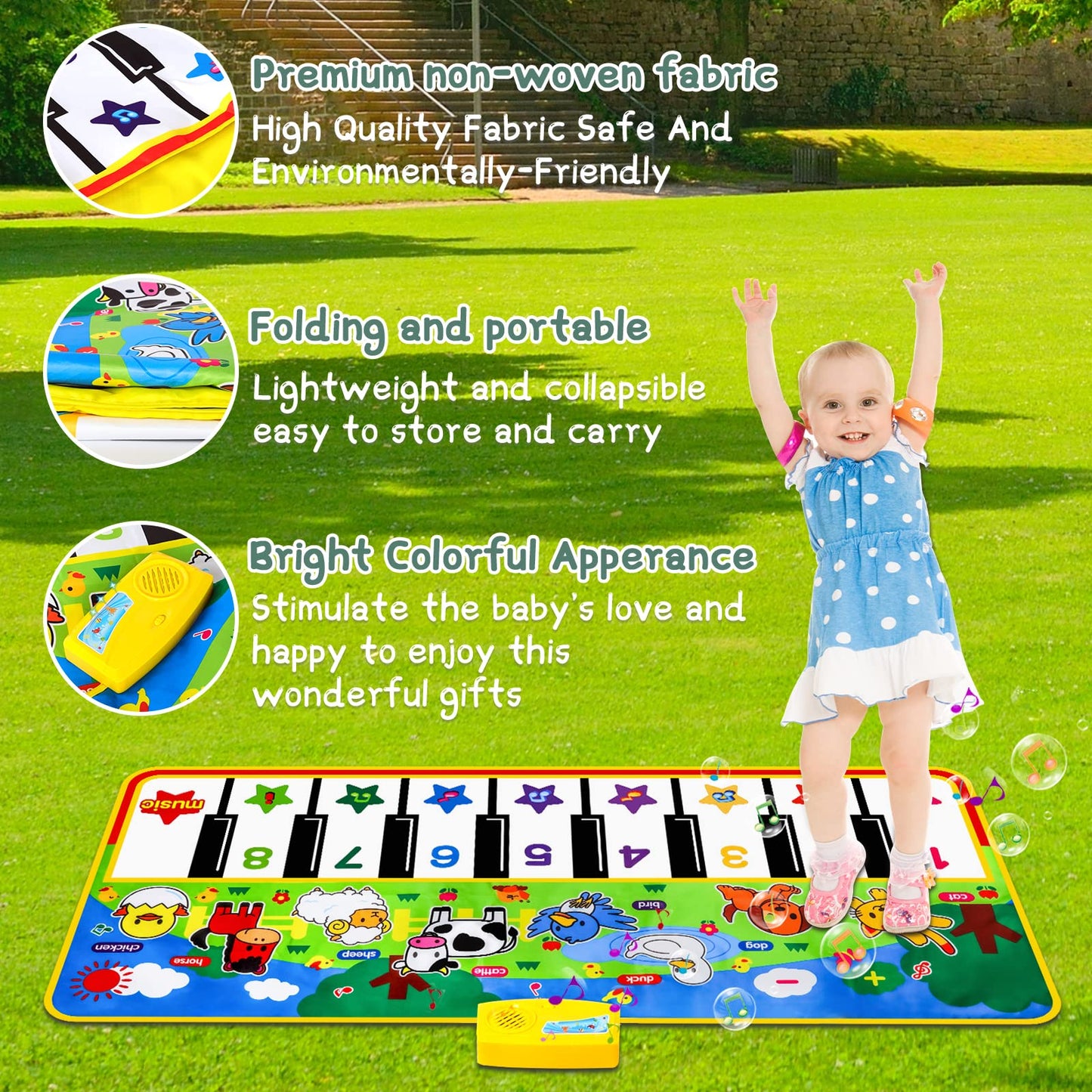 M SANMERSEN Piano Mat, 53'' x 23'' Musical Toys for Toddlers, Green Animal Theme, Electronic Keyboard, Piano Dance Mat, 16 Keys, 8 Animal Sounds & 8 Demo Melodies