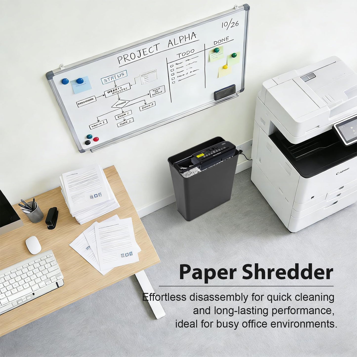 Wingwise Paper Shredder for Home, 8 Sheets Strip Cut Small Office Shredder with Overheat Protection, No Basket, Extendable Arm, Black