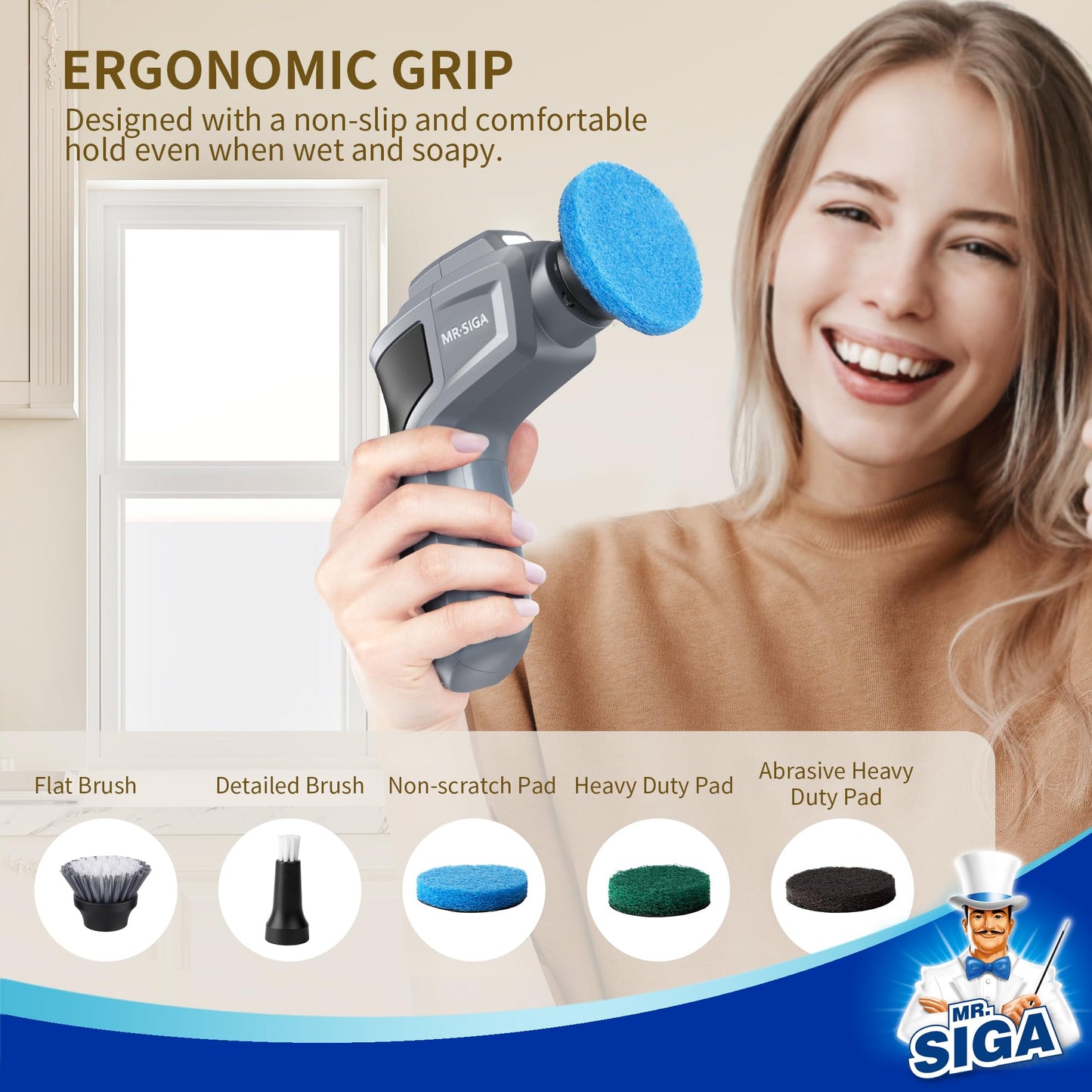 MR.SIGA Electric Spin Scrubber, Cordless Spin Scrubber with 5 Replaceable Cleaning Brushes and Pads, Powerful and Waterproof, Rechargeable Spin Scrubber for Bathroom, Kitchen, Tile, Sink