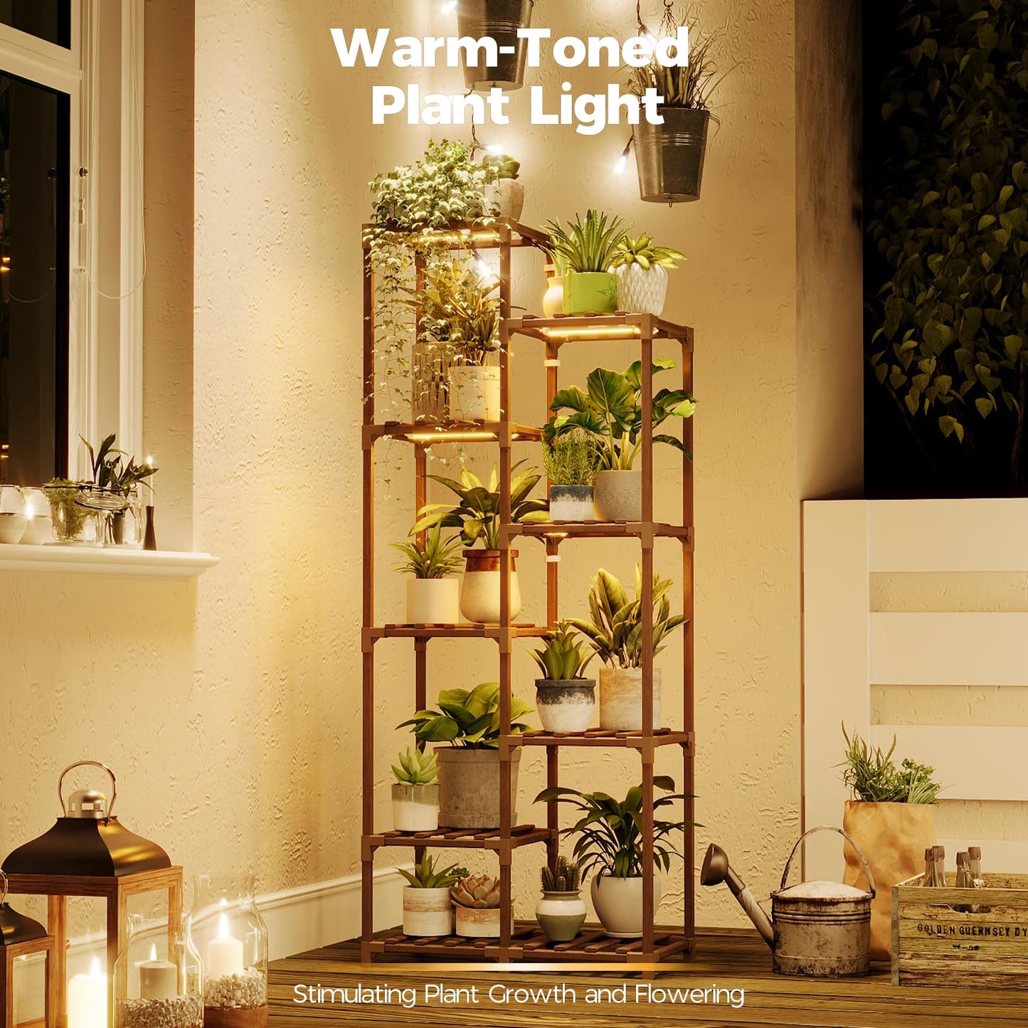 Bamworld Plant Stand Indoor Grow Light Tall Plant Shelf for Mutiple Pots Large Wood Plant Holder Rack for Patio Living Room Balcony Warm Light
