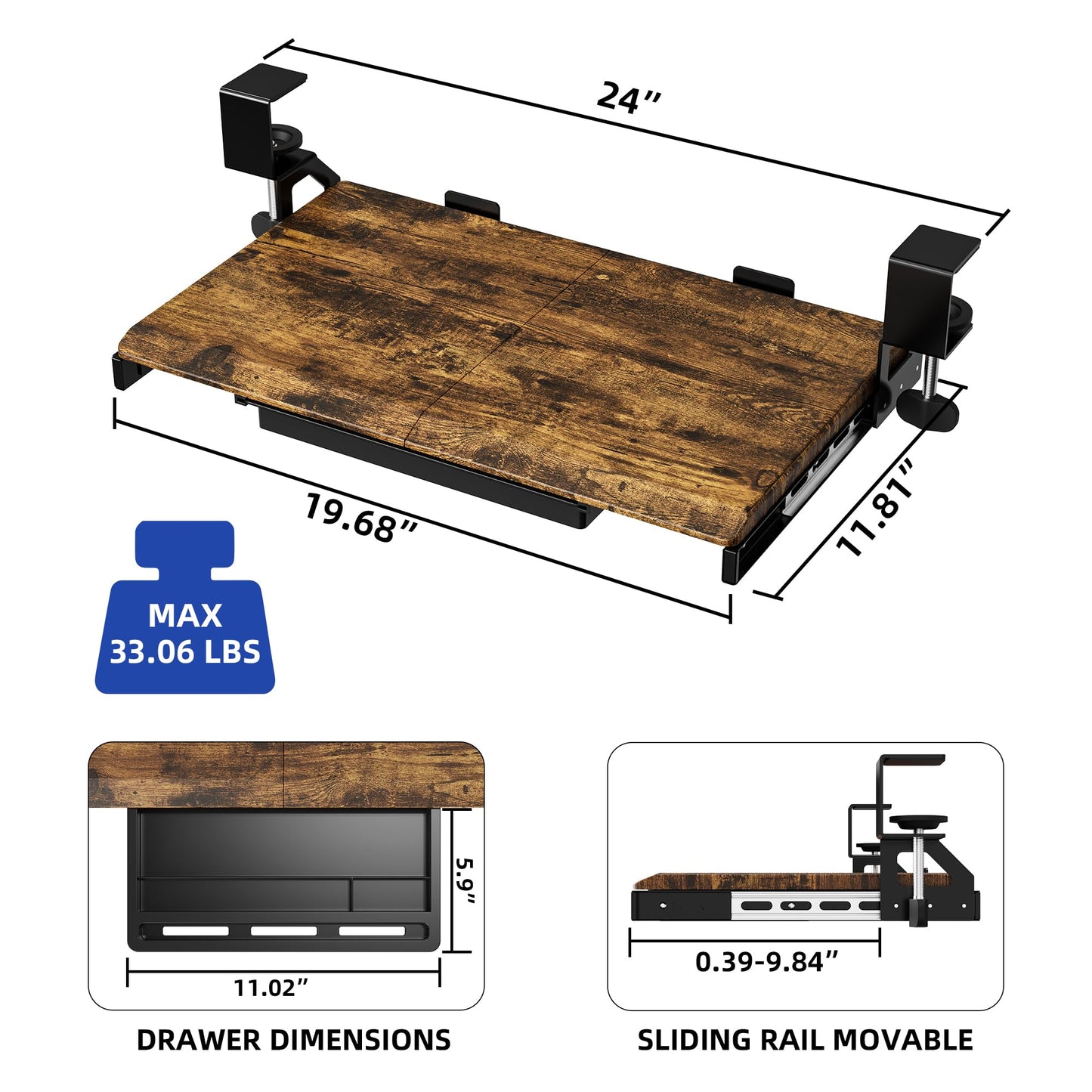 ETHU Under Desk Keyboard Tray - Small Slide Out Keyboard Shelf with C Clamp Mount, 19.7" x 11.8" Ergonomic Pull Out Tray for Home Office Desk, Walnut