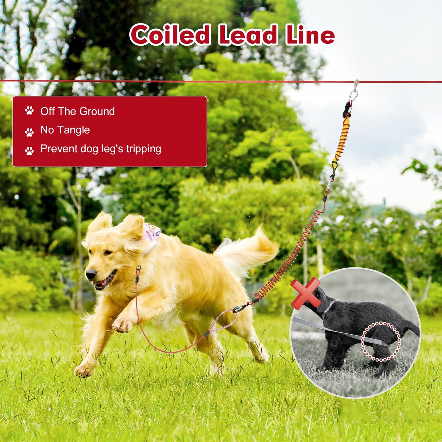 Dog Runner for Yard,Anti-Shock Dog Trolley System 50/75/100/150/200FT,Heavy-Duty Aerial Dog Run Cable with Bungee for Dogs up to 300lbs,Outside Dog Zip line for Backyard,Camping, Park (Red, 200FT)