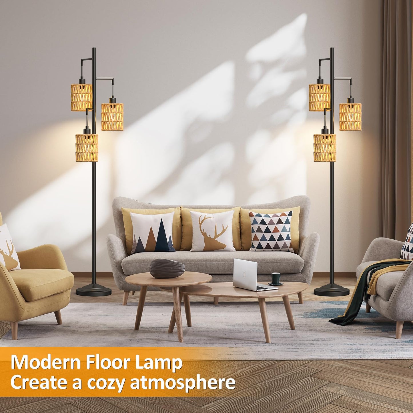 CNXIN 3 Lights Rattan Floor Lamps with ON/Off Foot Switch Tree Standing Lamp with Wood Rattan Lampshades Boho Floor Lamp Tall Pole Lamp for Living Room Bedroom Office, 3 PCS 6W Bulbs Included