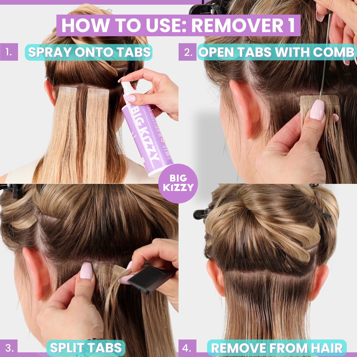 Big Kizzy Remover 1 + Remover 2 bundle, Two Step System Tested & Proven Fastest & Easiest Tape In Extension Adhesive and Residue Remover